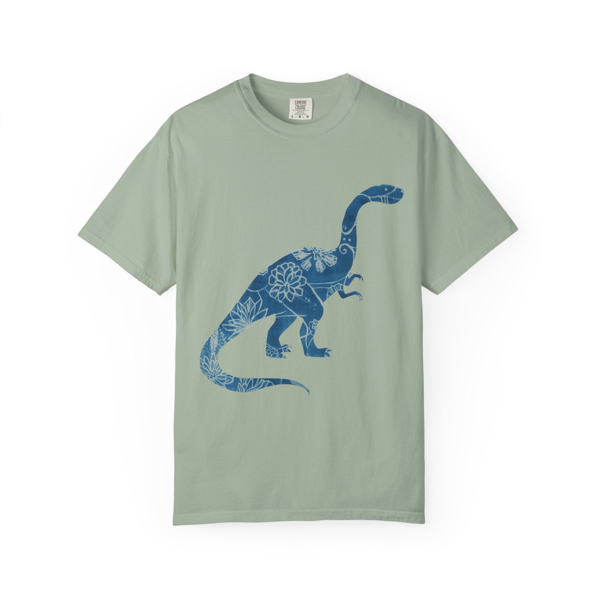 Dinosaur Floral blue chinoiserie Silhouette T-Shirt | Blue Botanical Dino Brontosaurus Tee
