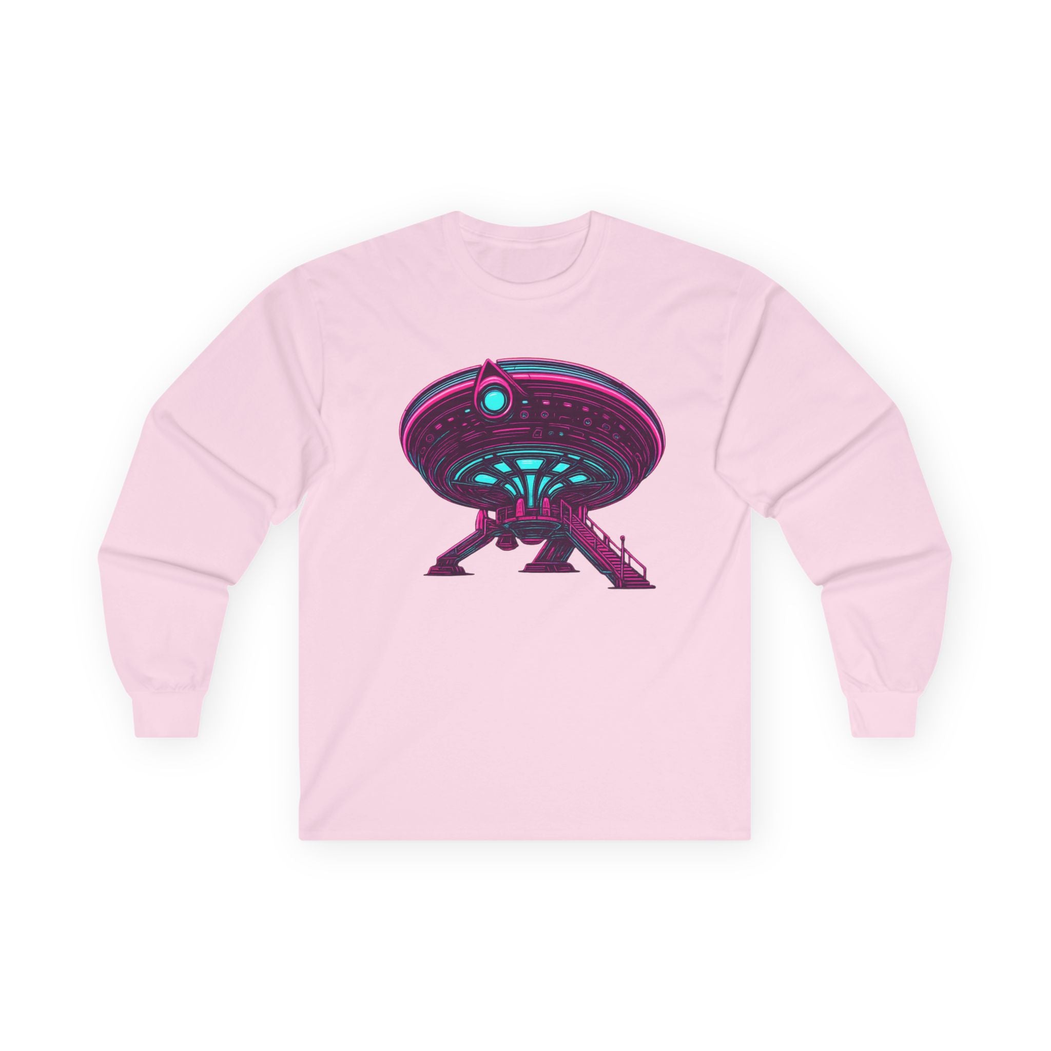 Retro Neon UFO Illustration Long Sleeve Tee | Alien Spaceship Graphic