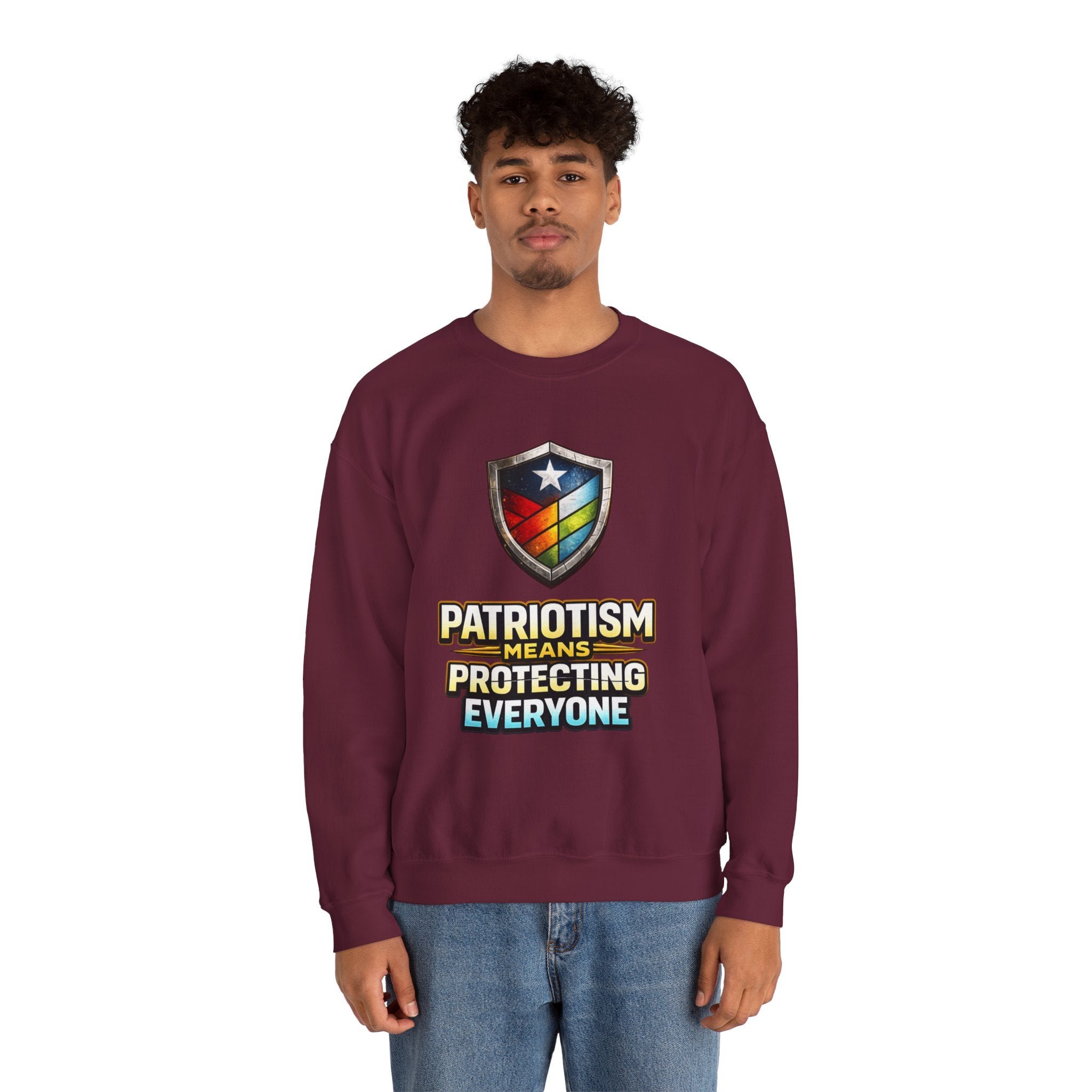 Patriotism Means Protecting Everyone Sweatshirt | Rainbow Shield Flag Design