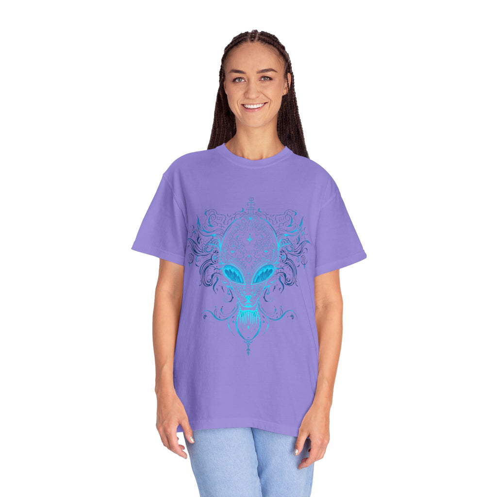 Alien Mask Ornate chinoiserie Blue T-Shirt | Mystical Alien Face Tee