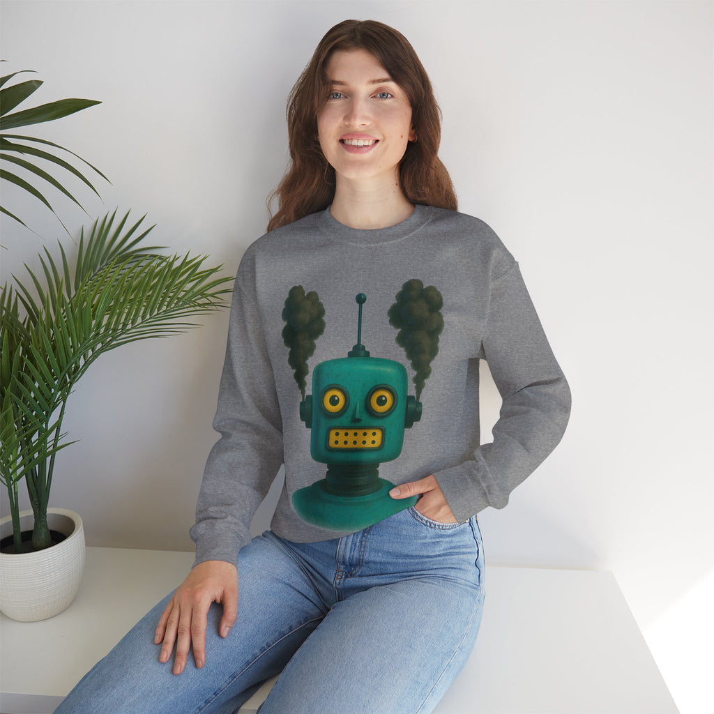 Smoking Robot Graphic Unisex Sweatshirt, Cozy Crewneck Top