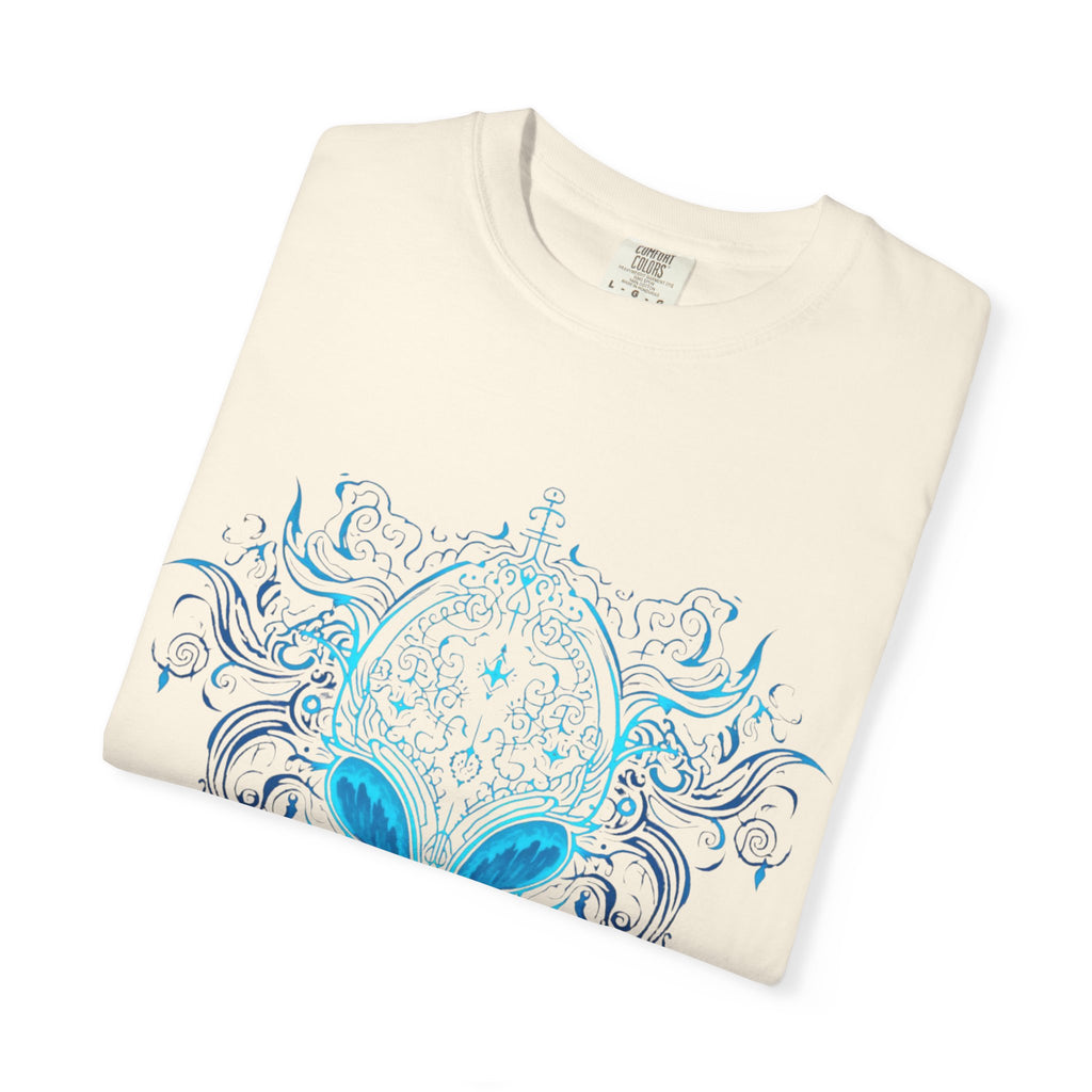 Alien Mask Ornate chinoiserie Blue T-Shirt | Mystical Alien Face Tee