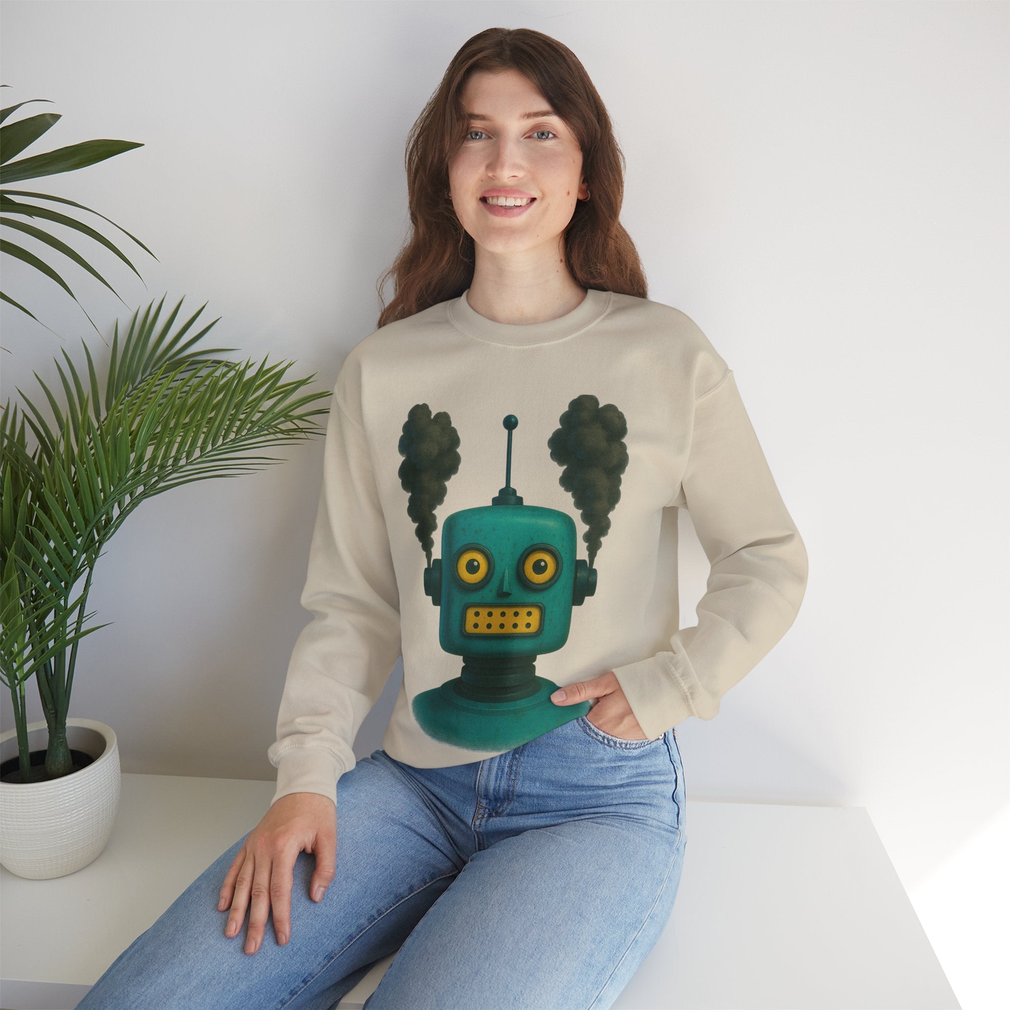Smoking Robot Graphic Unisex Sweatshirt, Cozy Crewneck Top