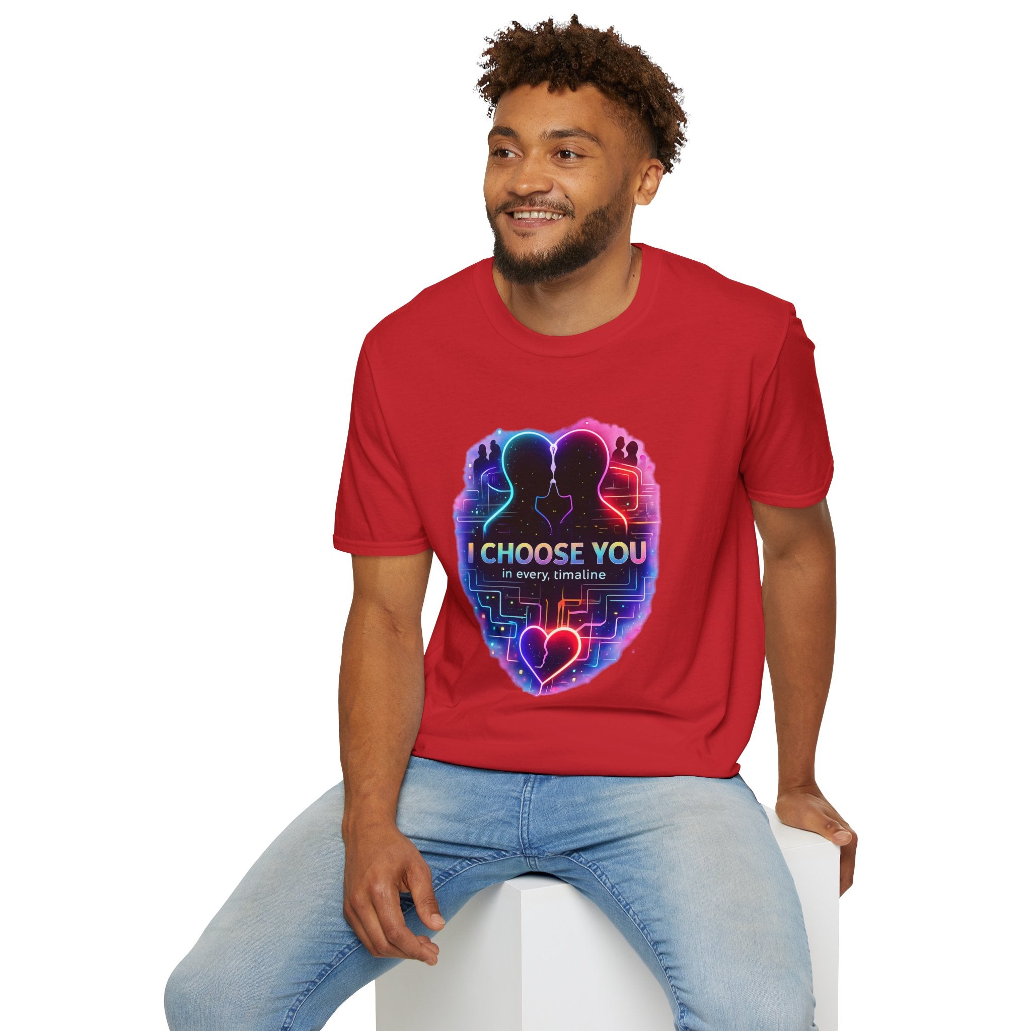 I Choose You  in Every Timeline silhouette heart T-Shirt | Neon LBGTQ couple, love phrase