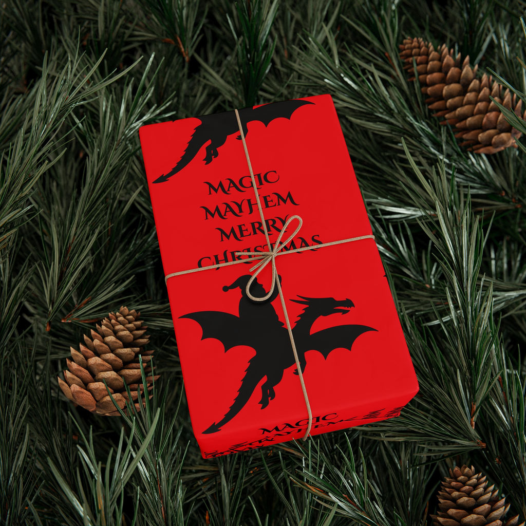Santa Dragon Magic Mayhem Merry Christmas Wrapping Paper | Halloween Red and Black Santa on a Dragon Print