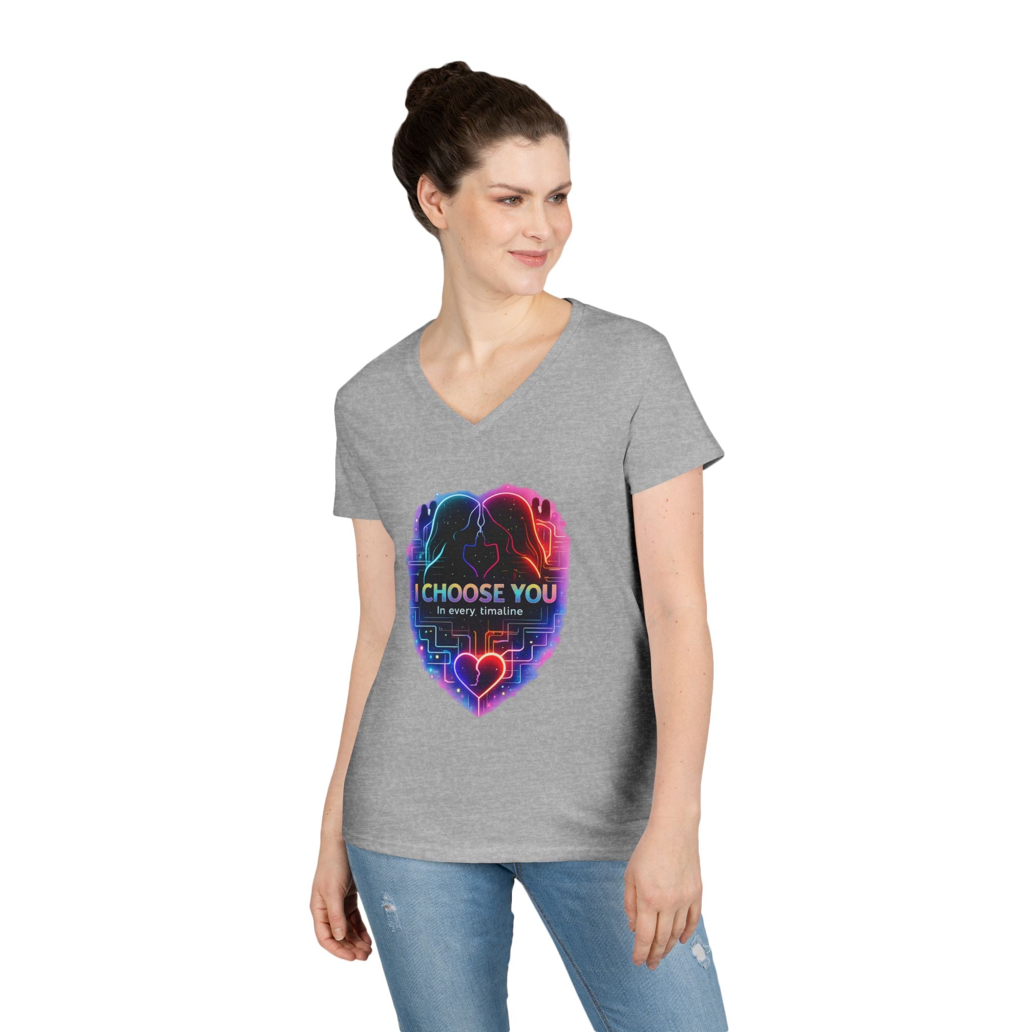 I Choose You in Every Timeline Heart Graphic Women's V-Neck T-Shirt | Neon Retro LGBTQ Love