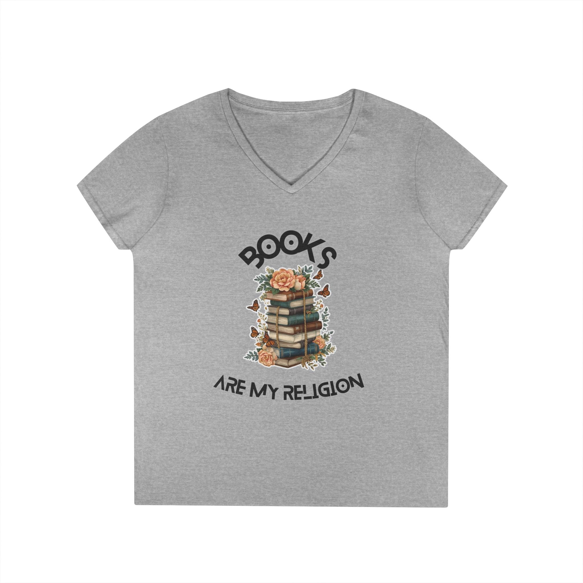 Books Are My Religion V-Neck Tee, Floral Stack Graphic T-Shirt for Women