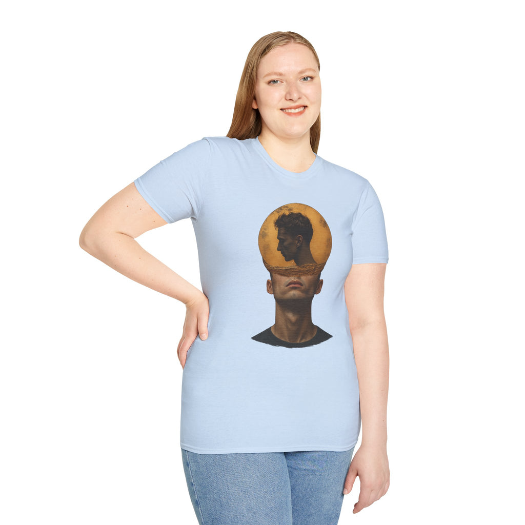 Surreal Double Portrait T-Shirt | Abstract Head Silhouette, Moon Circle