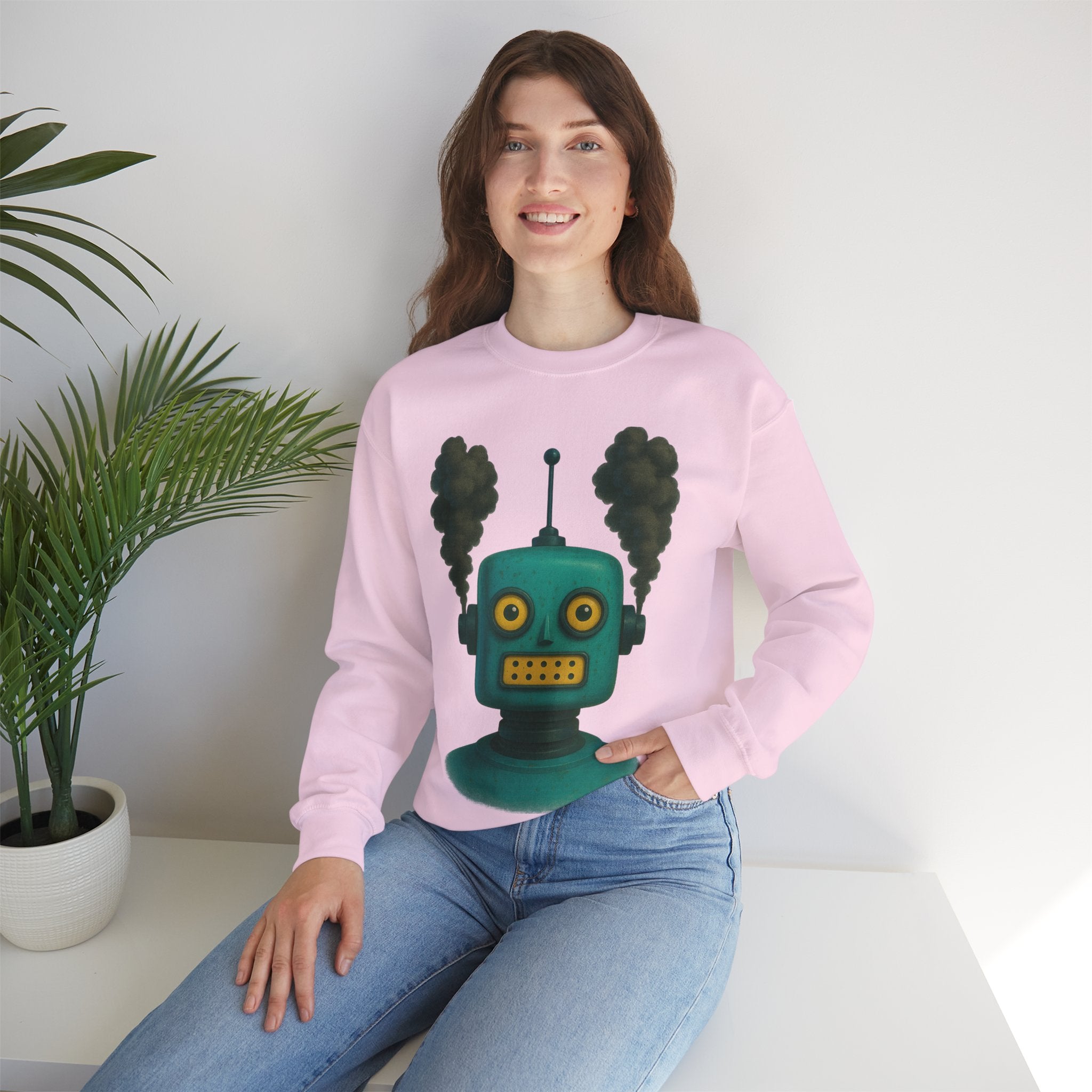 Smoking Robot Graphic Unisex Sweatshirt, Cozy Crewneck Top