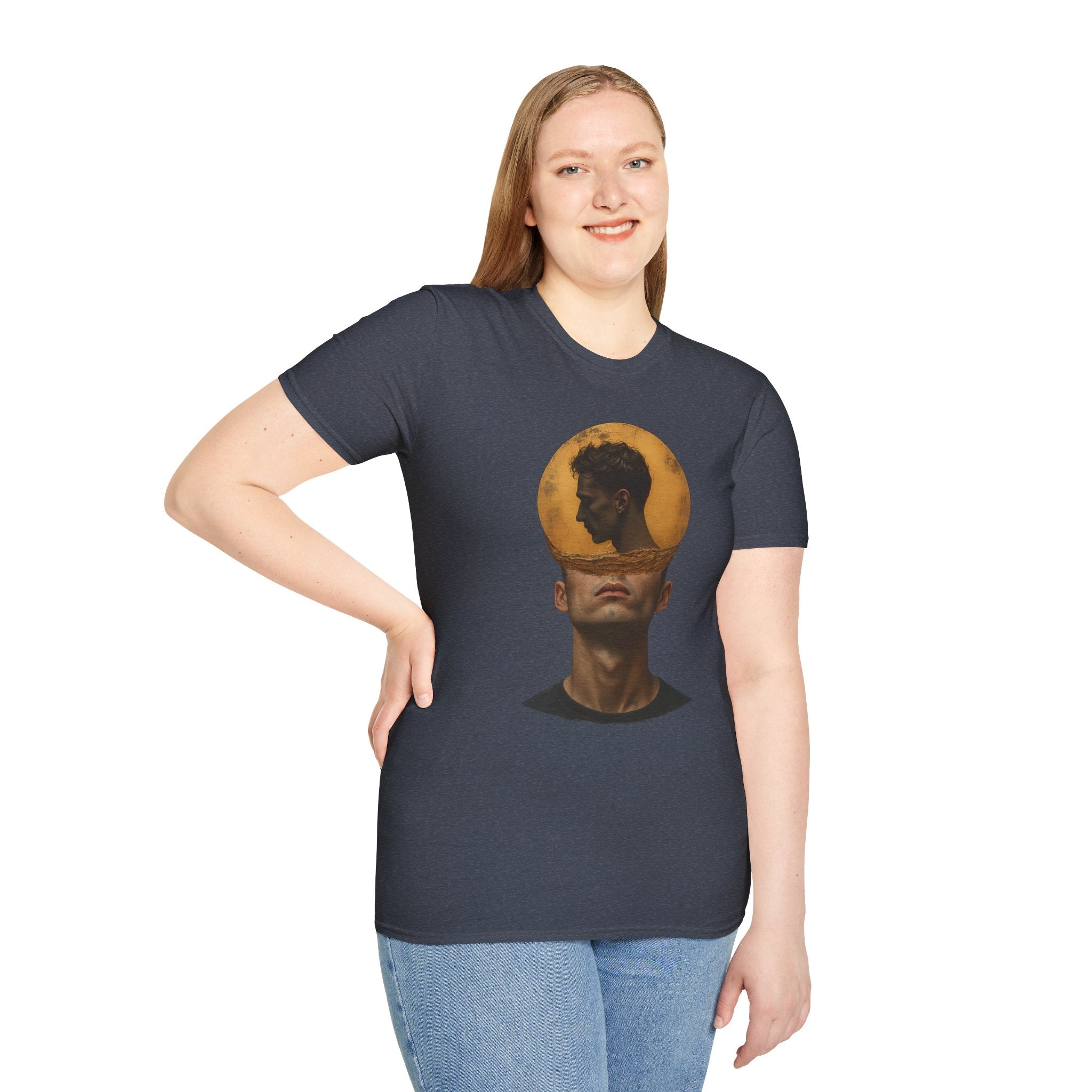 Surreal Double Portrait T-Shirt | Abstract Head Silhouette, Moon Circle