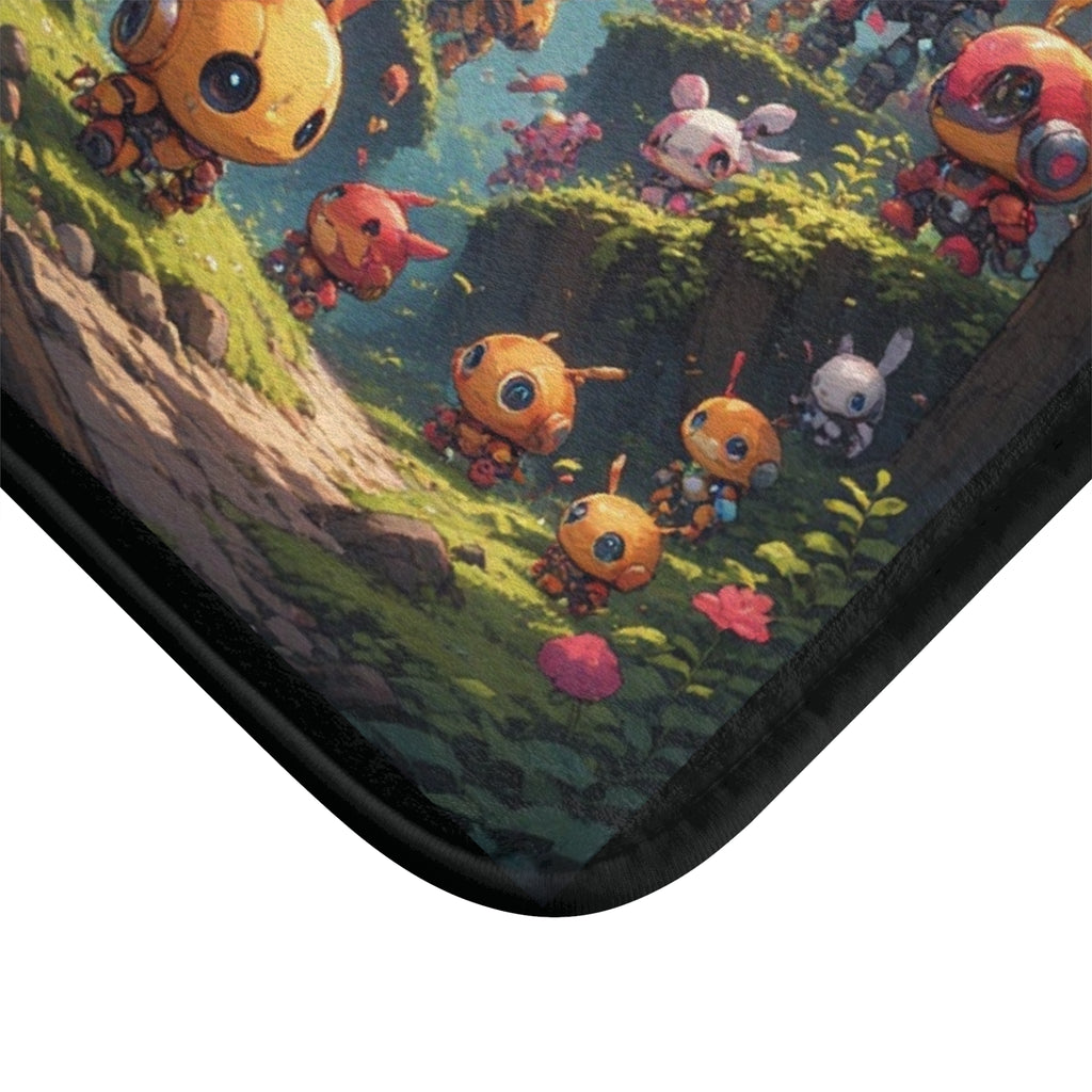 Bath mat Happy Robot Forest Scene | Kawaii Robots, Woodland Path
