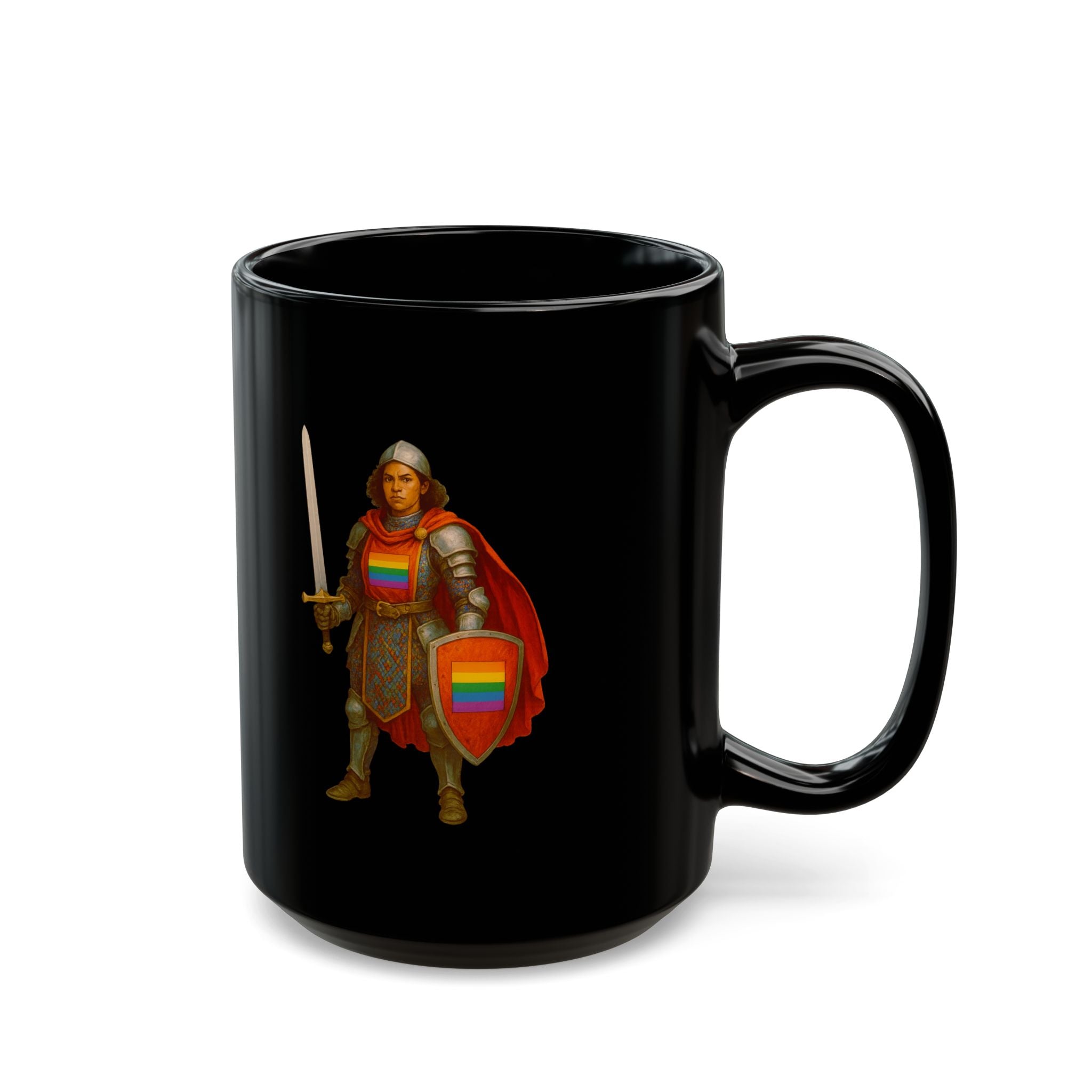 Rainbow Paladin Mug | Black Ceramic Mug with Pride Shield and Cape