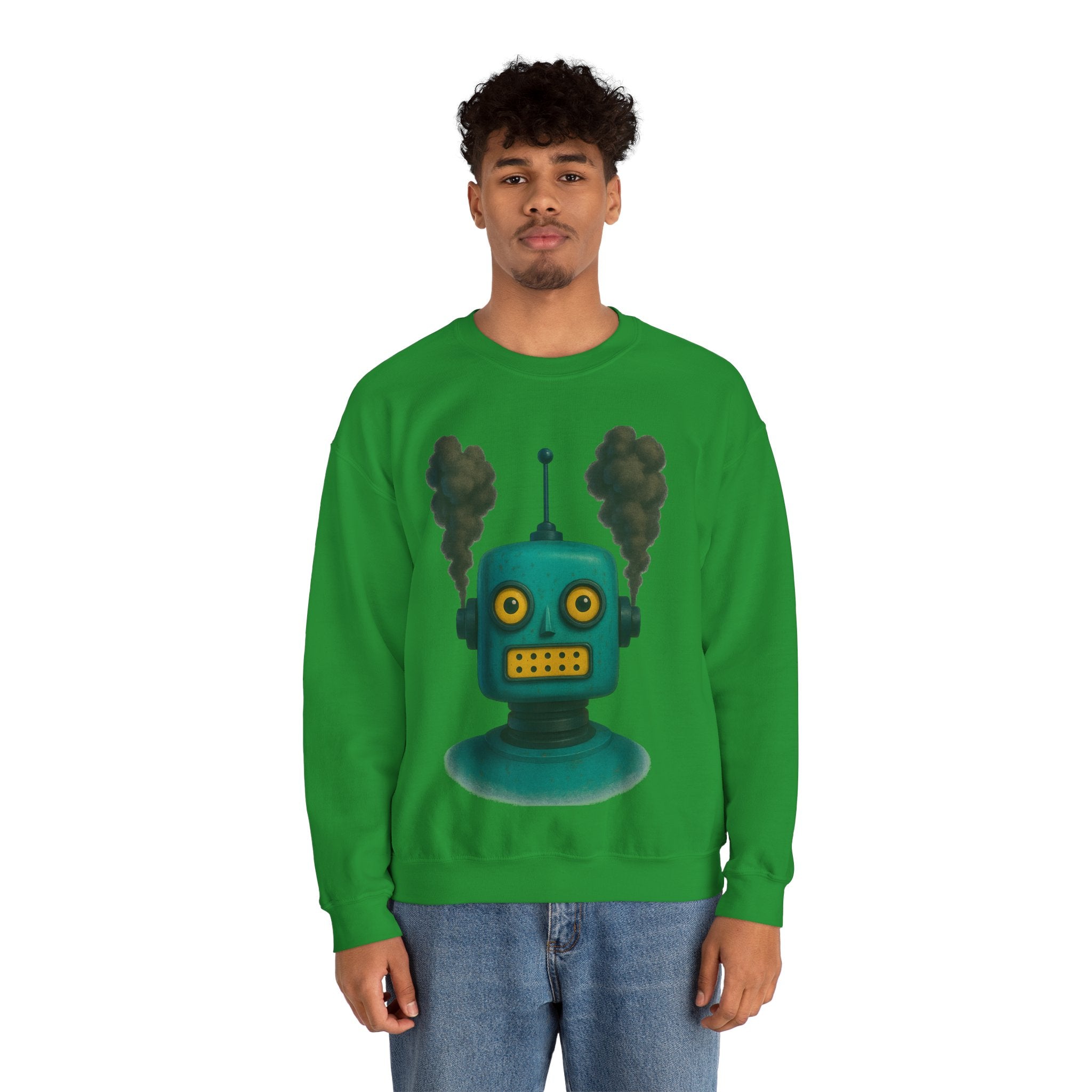 Smoking Robot Graphic Unisex Sweatshirt, Cozy Crewneck Top