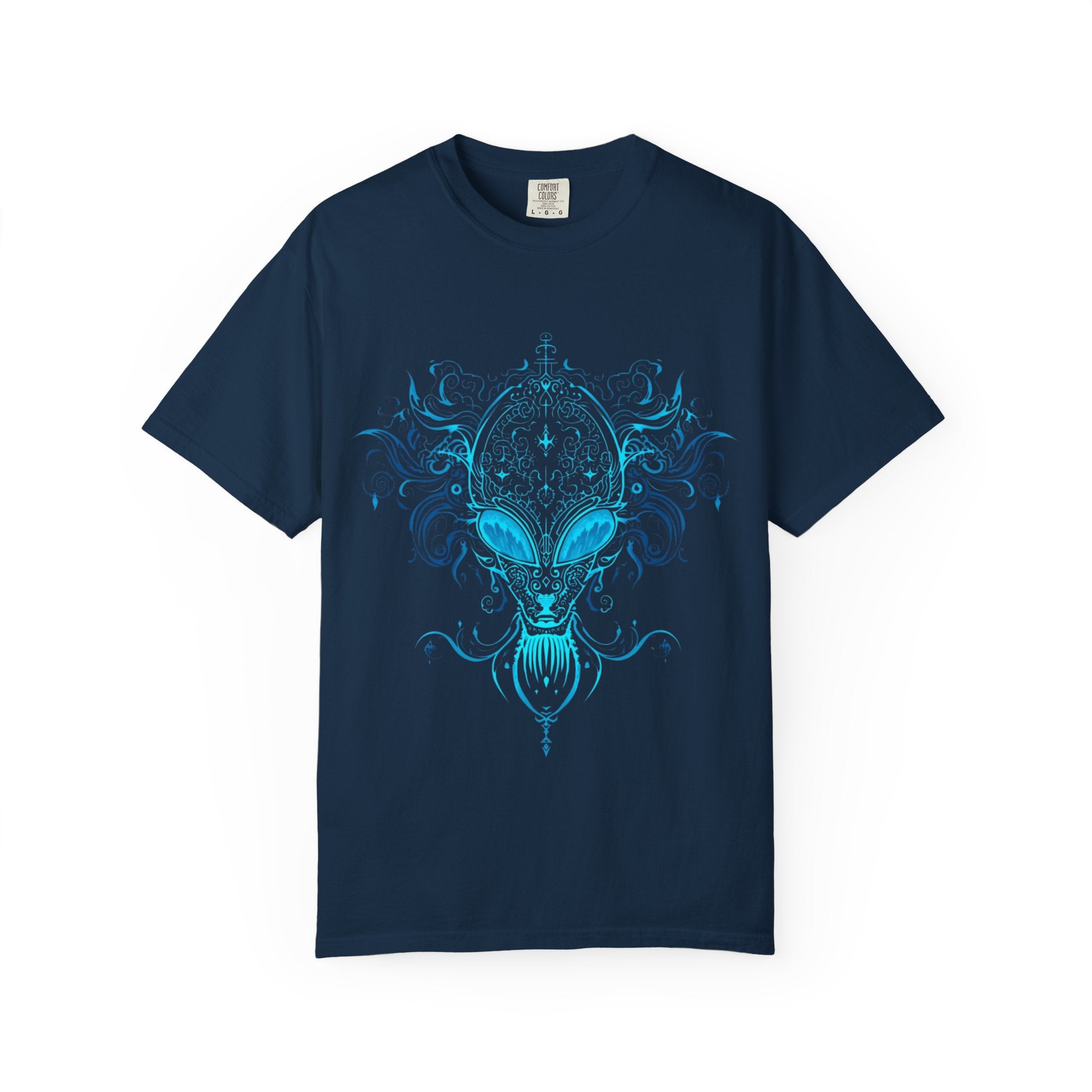 Alien Mask Ornate chinoiserie Blue T-Shirt | Mystical Alien Face Tee