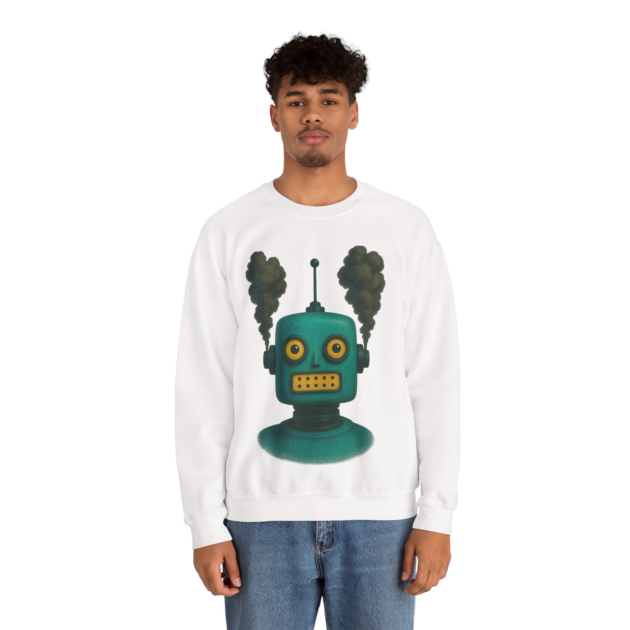 Smoking Robot Graphic Unisex Sweatshirt, Cozy Crewneck Top