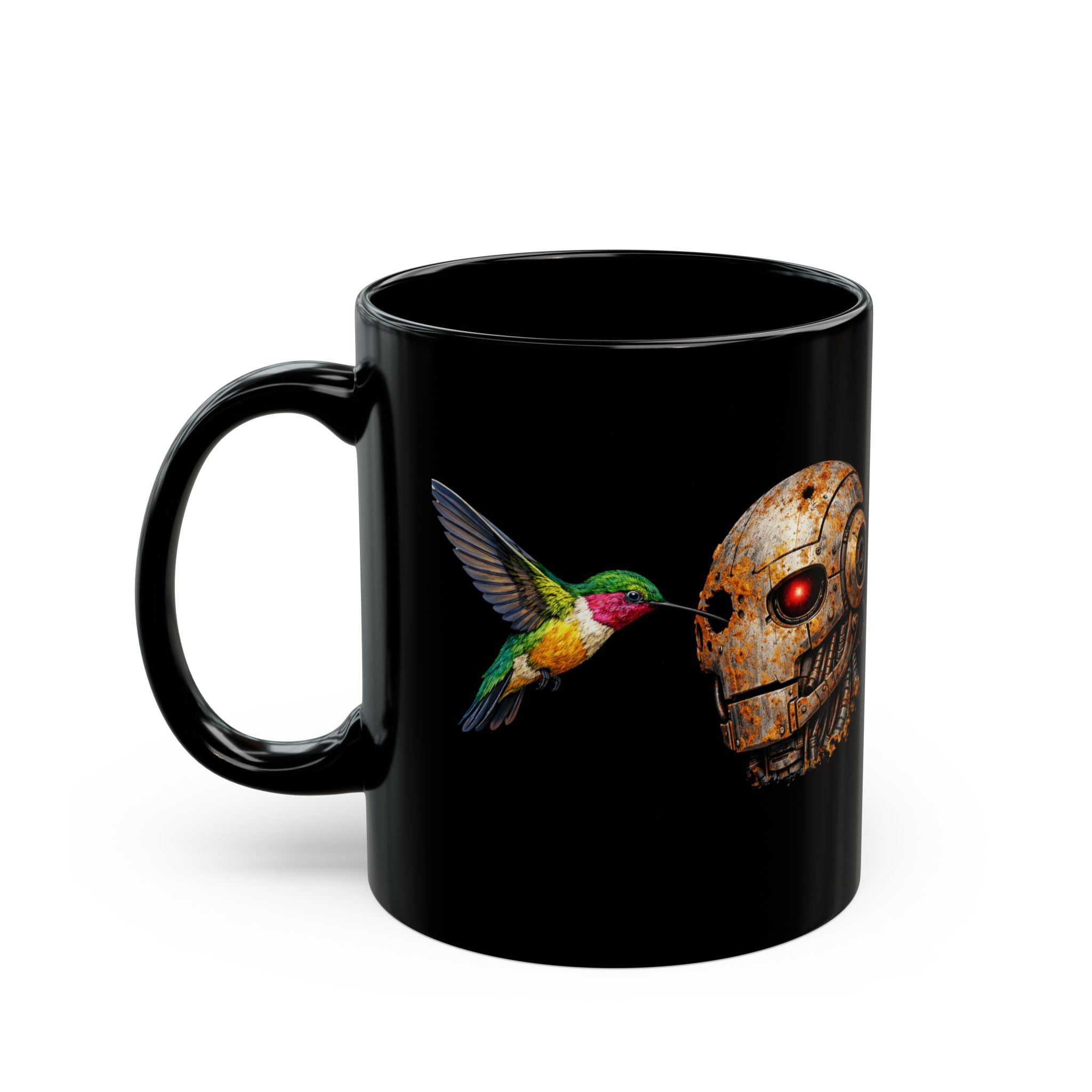 Steampunk Robot skull and hummingbird | Black Ceramic Coffee Cup