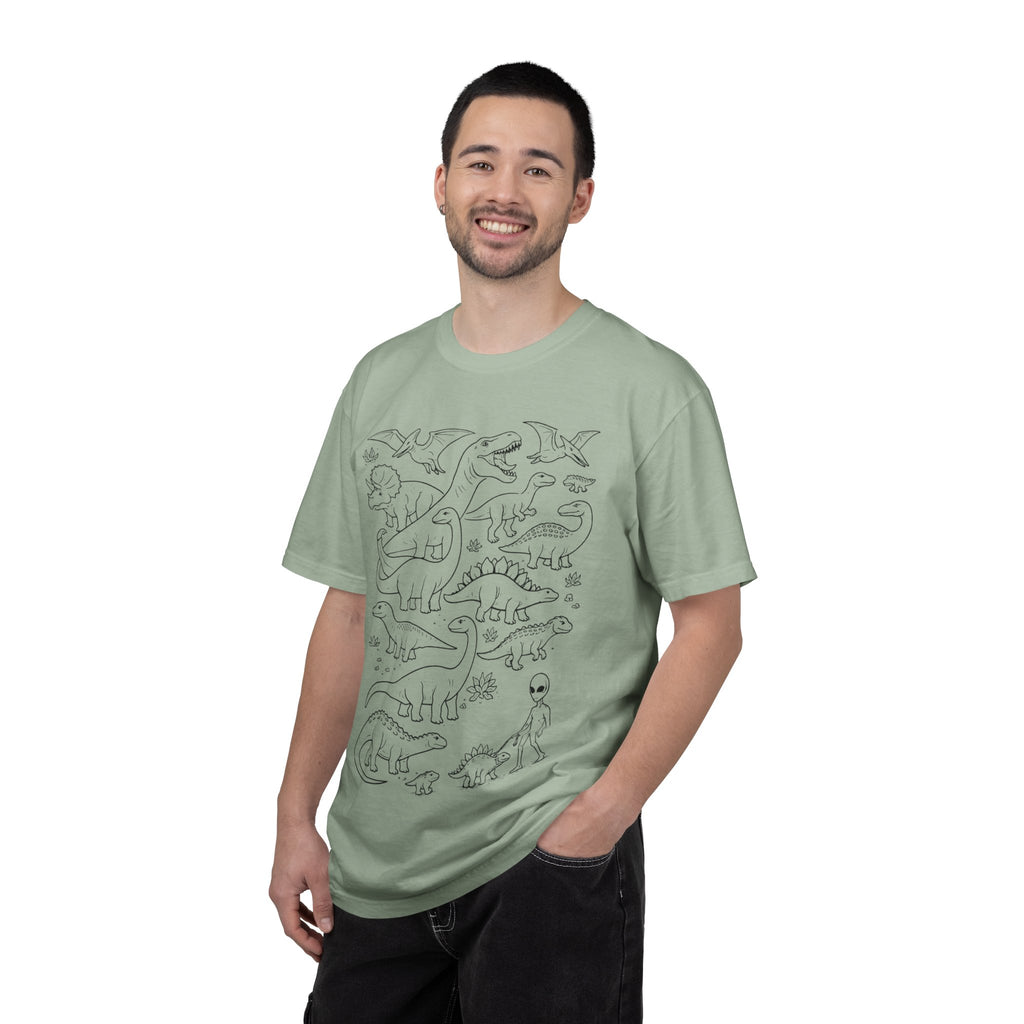 Alien & Dinosaur funny Line Art T-Shirt