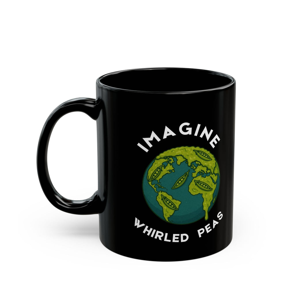 Imagine Whirled Peas Whimsical Black Mug with Earth and Peas Design