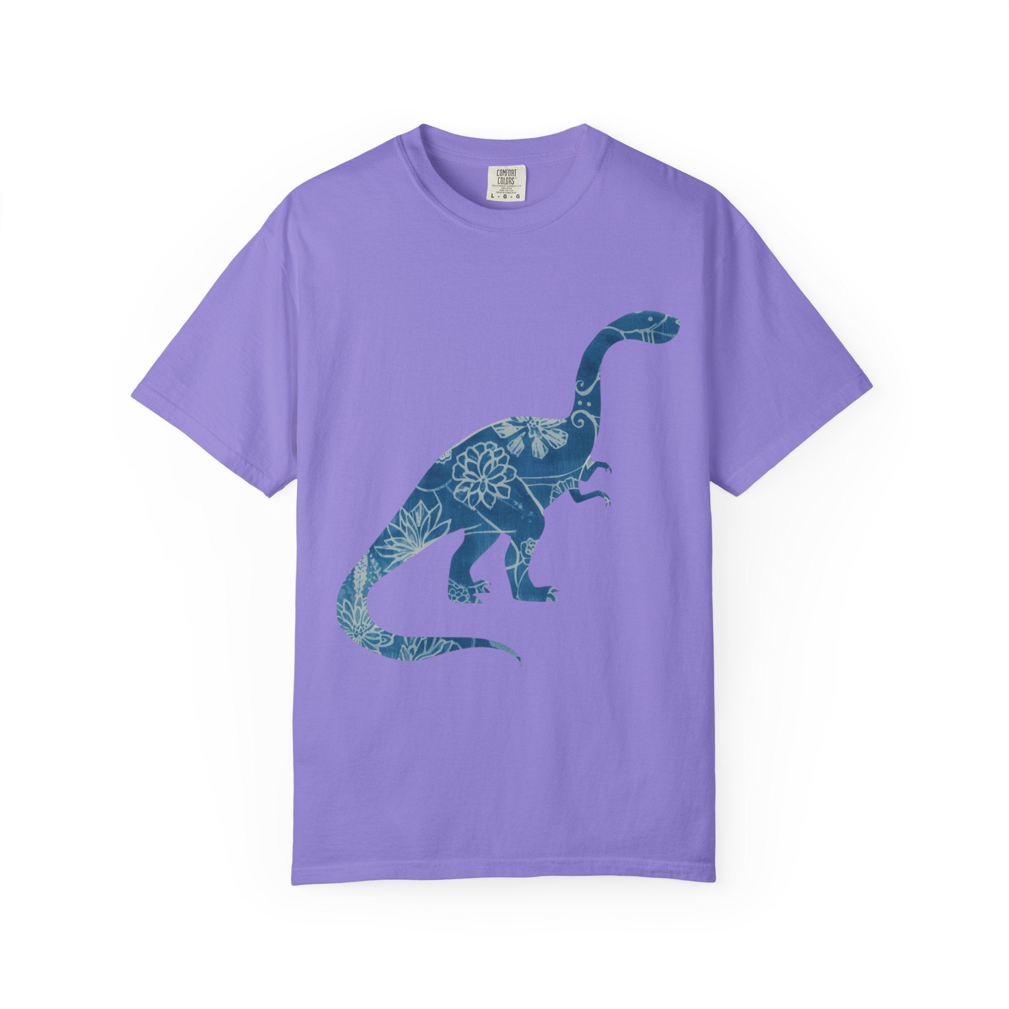 Dinosaur Floral blue chinoiserie Silhouette T-Shirt | Blue Botanical Dino Brontosaurus Tee