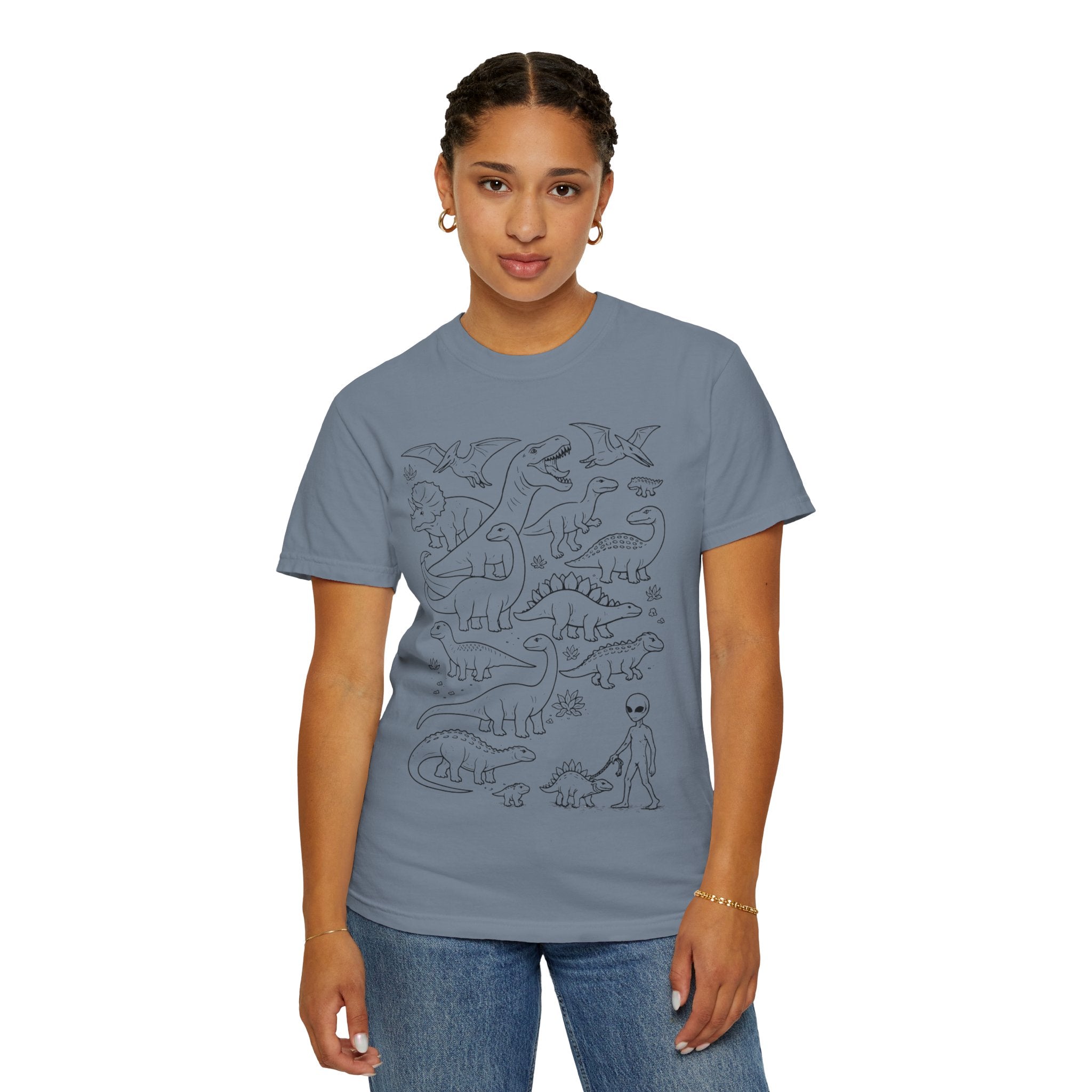 Alien & Dinosaur funny Line Art T-Shirt