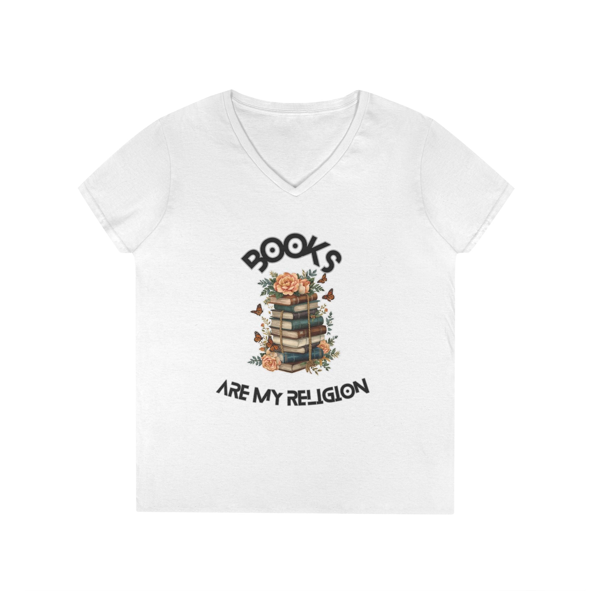 Books Are My Religion V-Neck Tee, Floral Stack Graphic T-Shirt for Women