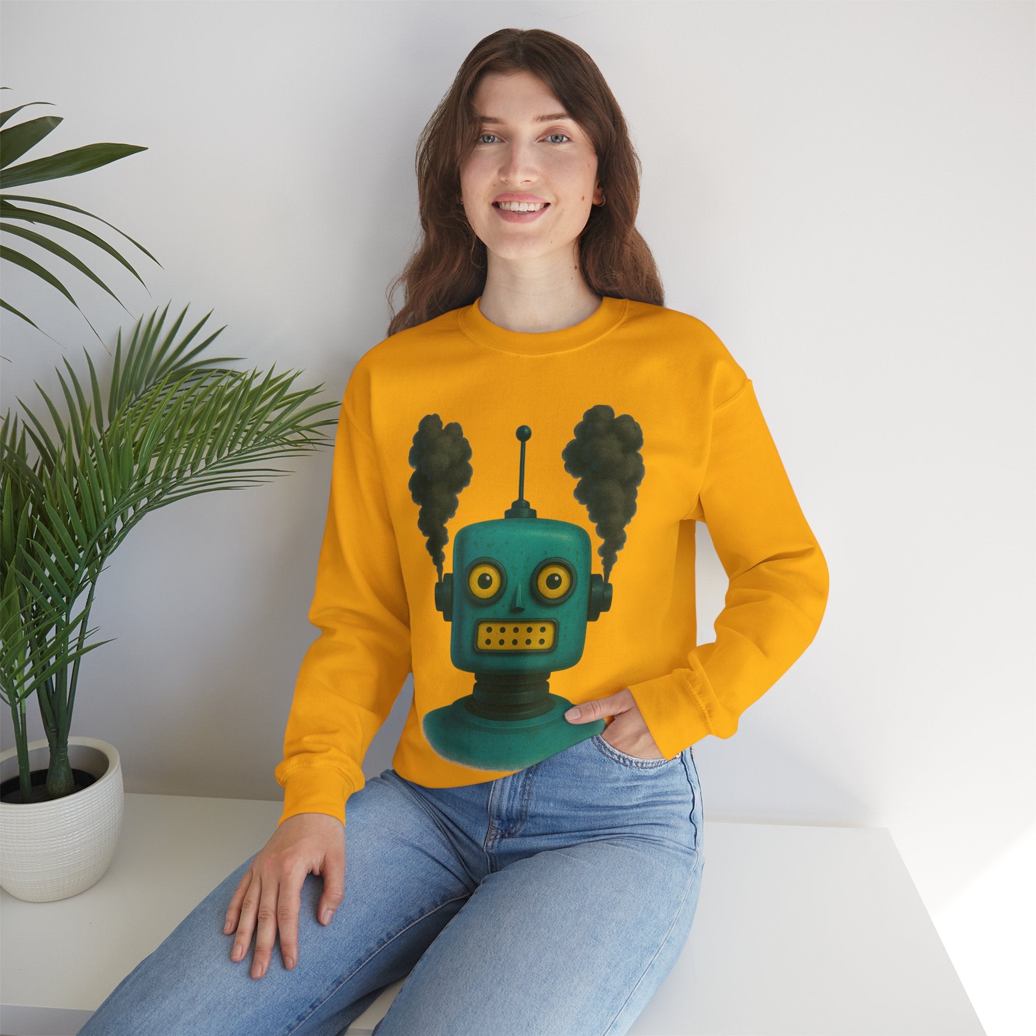 Smoking Robot Graphic Unisex Sweatshirt, Cozy Crewneck Top