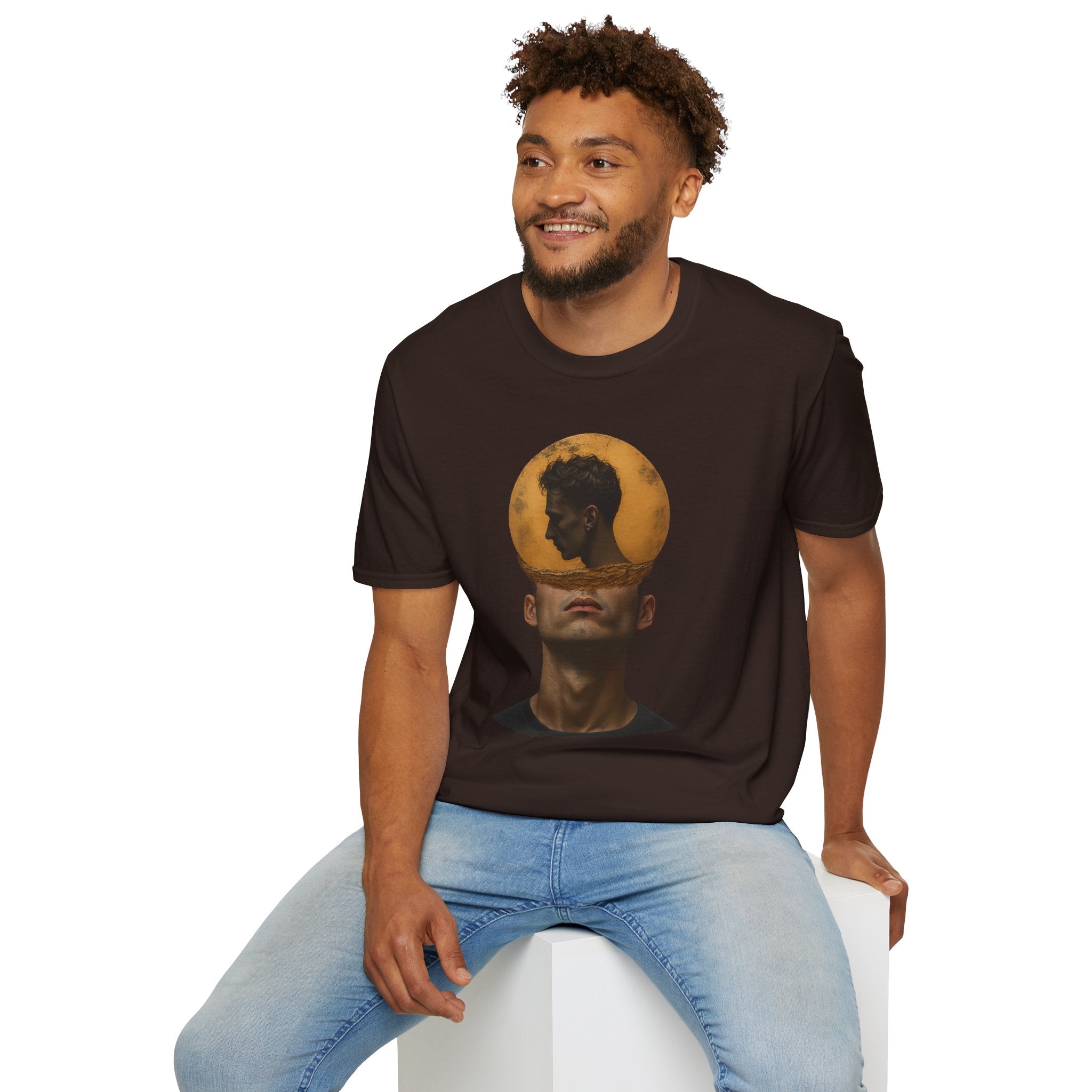 Surreal Double Portrait T-Shirt | Abstract Head Silhouette, Moon Circle
