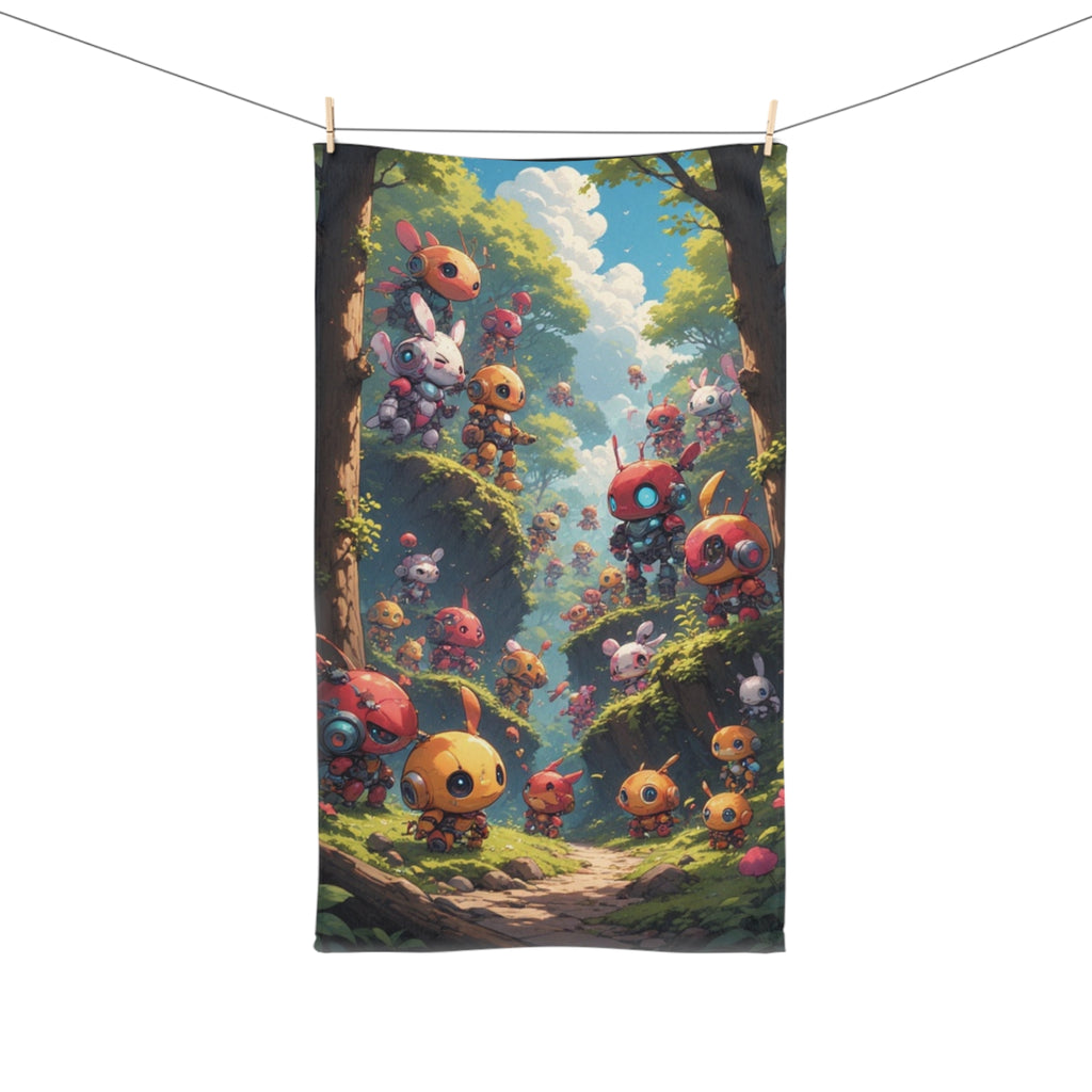 Hand Towel Happy Forest Robots | Kawaii Woodland Characters, Colorful Scenic Print