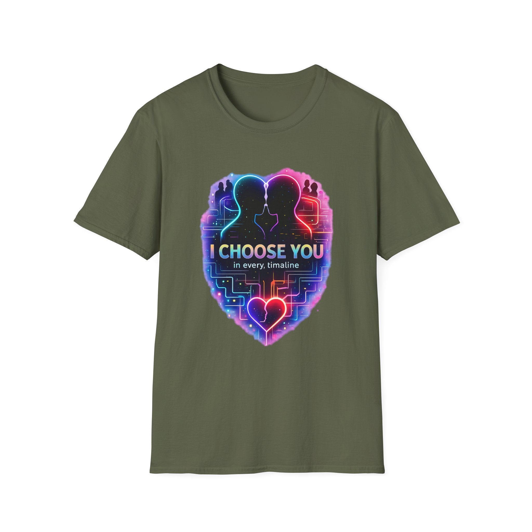 I Choose You  in Every Timeline silhouette heart T-Shirt | Neon LBGTQ couple, love phrase
