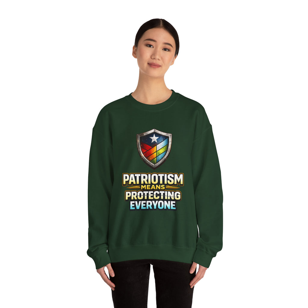 Patriotism Means Protecting Everyone Sweatshirt | Rainbow Shield Flag Design