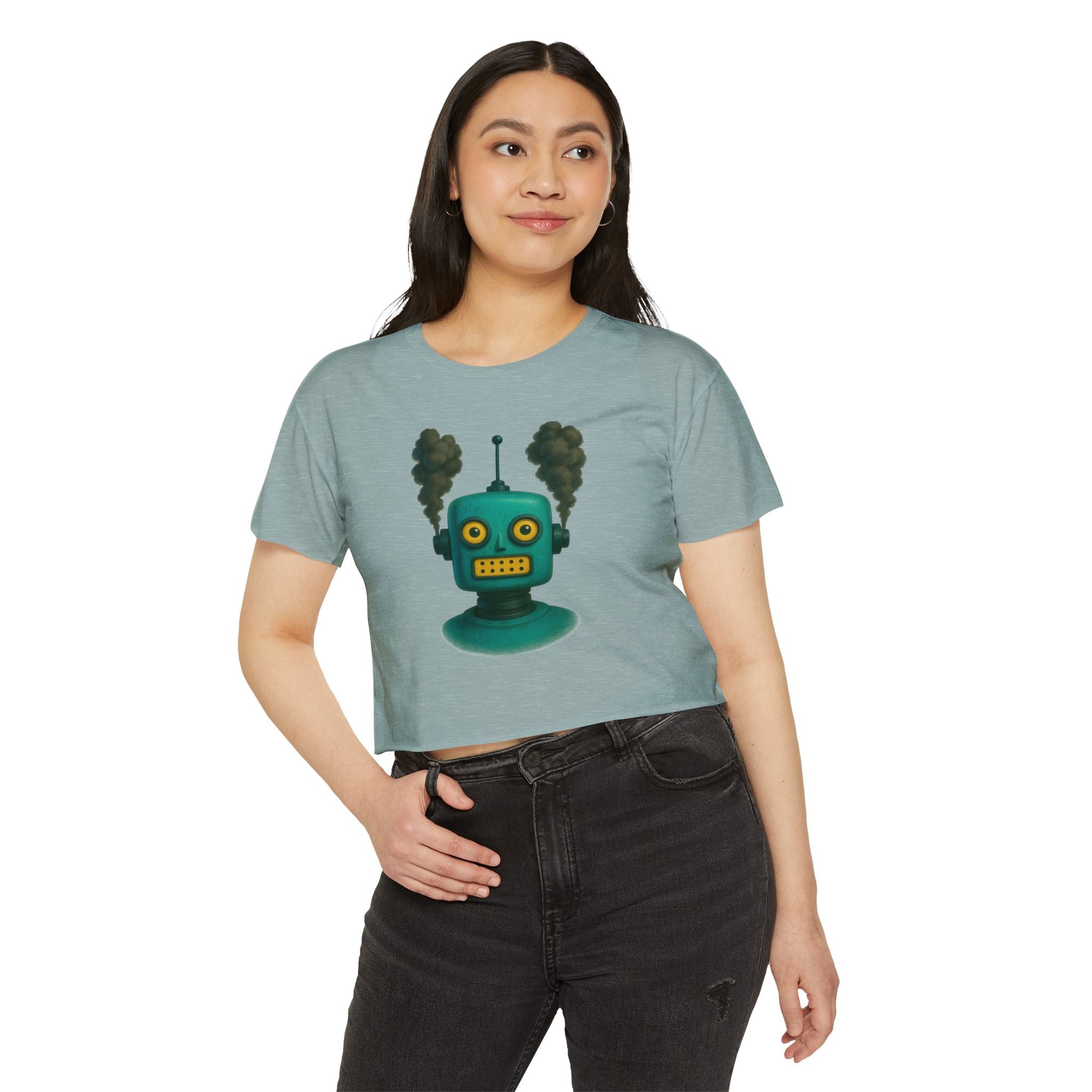 Green Retro Robot Head crop top | Steam-punk robot graphic
