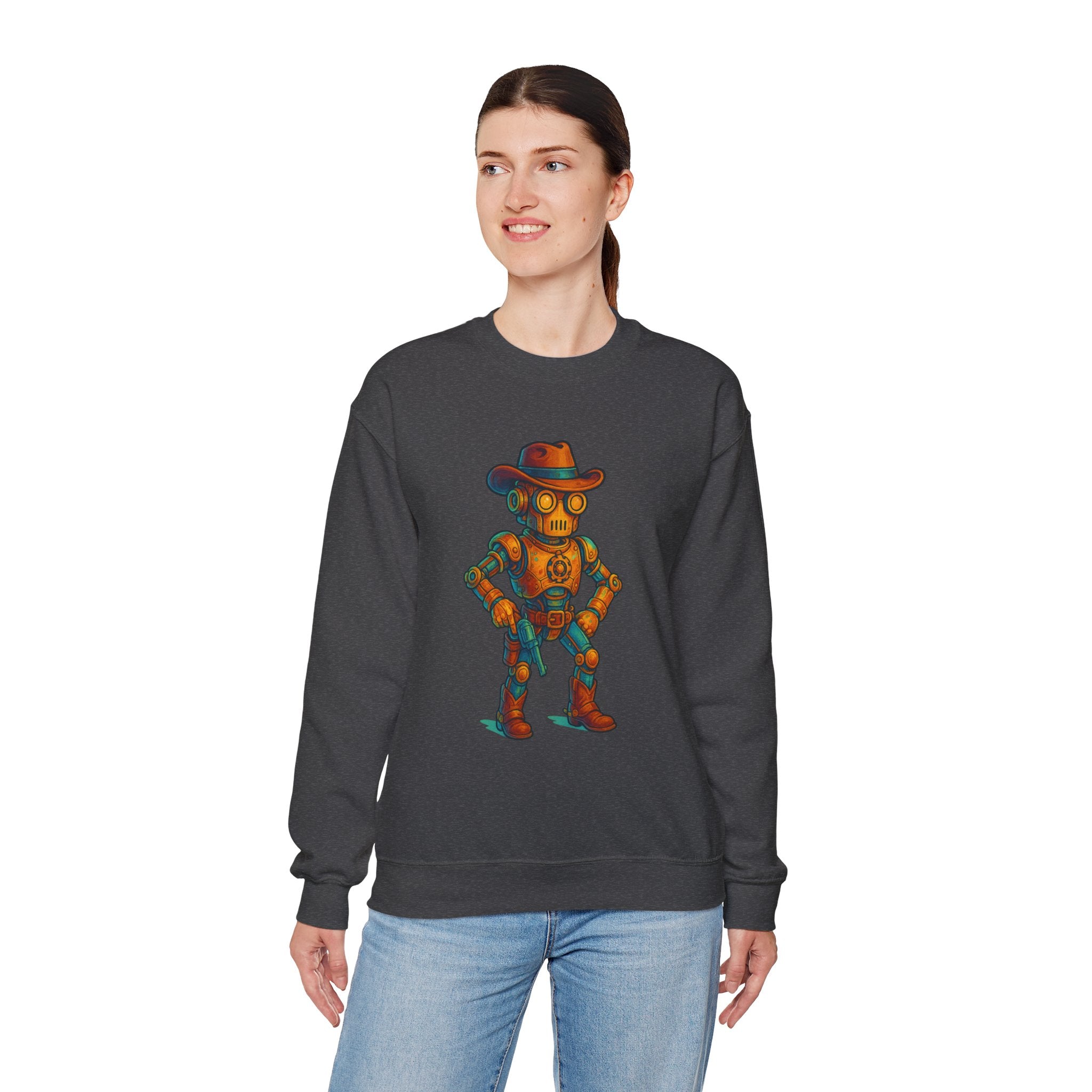 Steampunk Cowboy Robot Crewneck Sweatshirt | Retro Western Robot Artwork