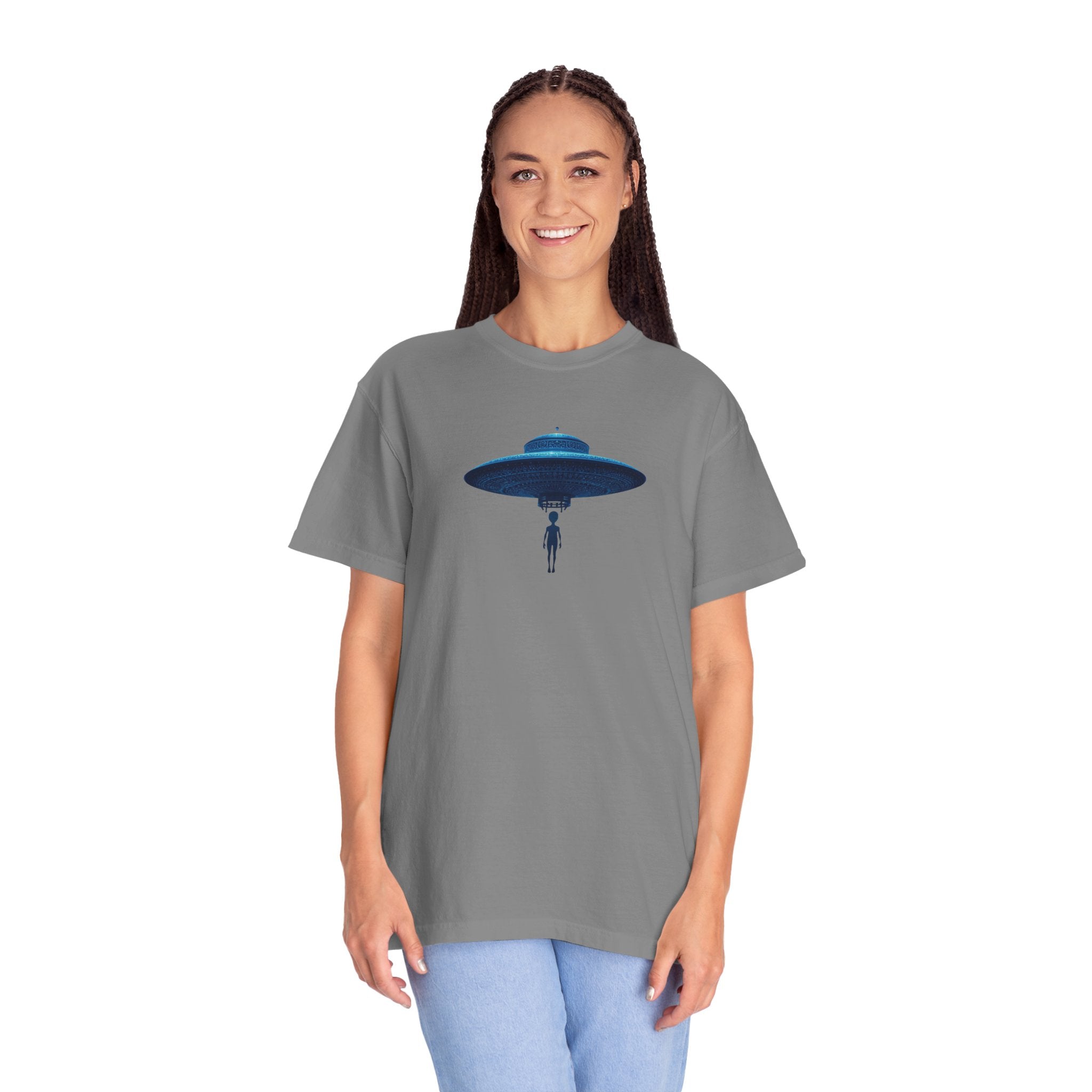 UFO Abduction T-shirt | Minimal Alien Spaceship blue chinoiserie Graphic