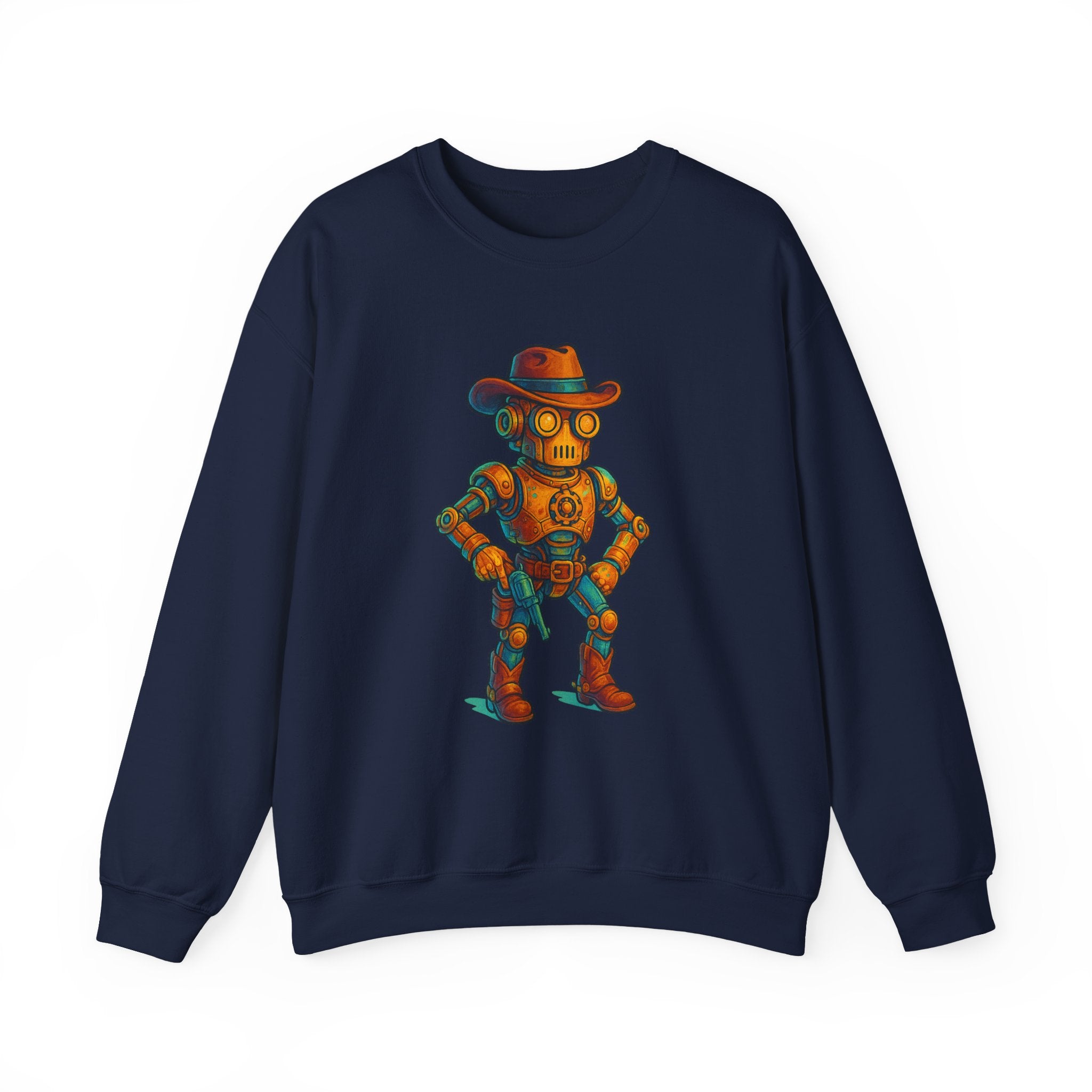 Steampunk Cowboy Robot Crewneck Sweatshirt | Retro Western Robot Artwork