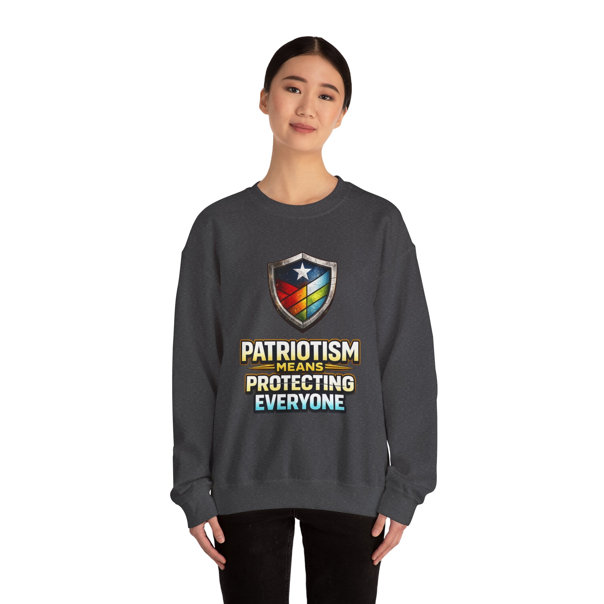 Patriotism Means Protecting Everyone Sweatshirt | Rainbow Shield Flag Design