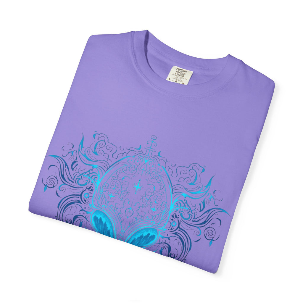 Alien Mask Ornate chinoiserie Blue T-Shirt | Mystical Alien Face Tee