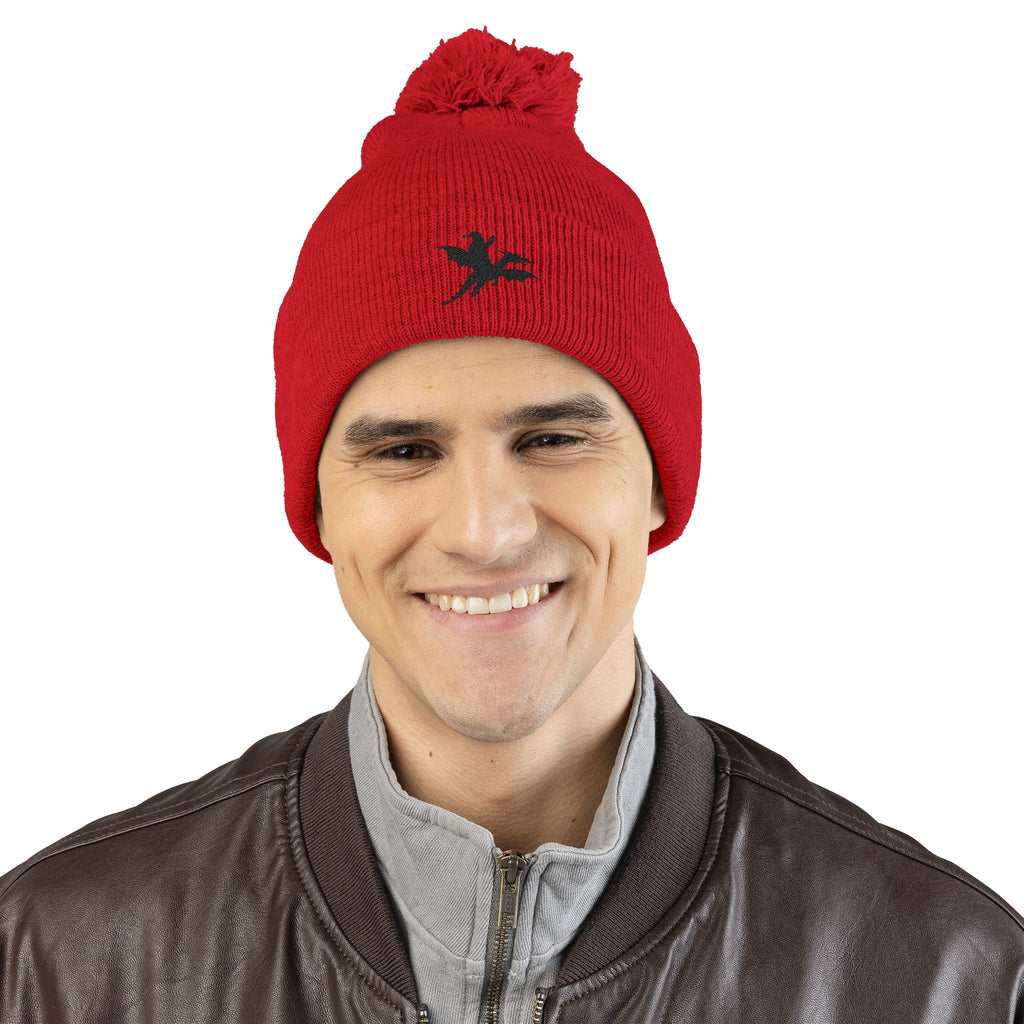 Santa on a Dragon Embroidered Pom-Pom Beanie | Knit Cap