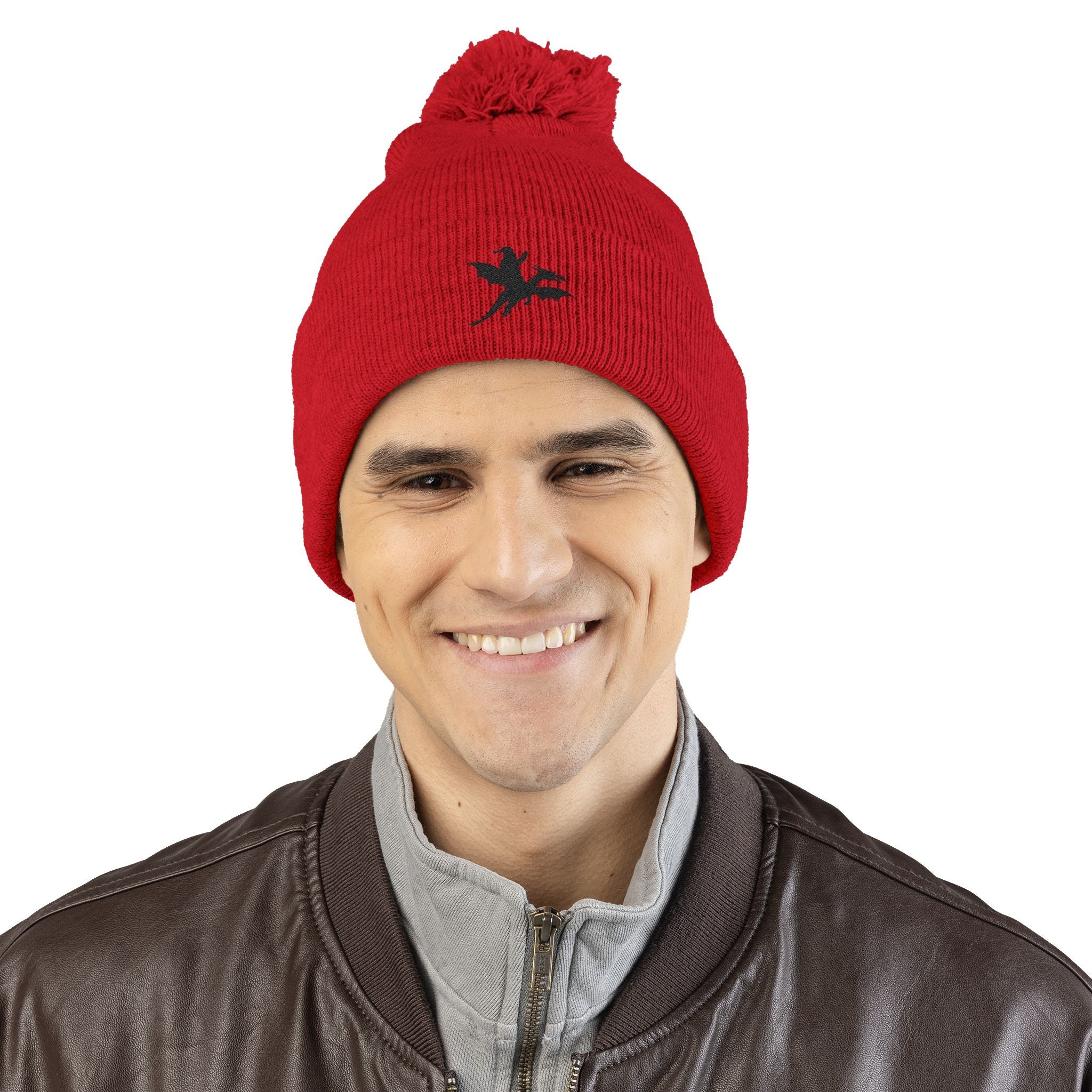 Santa on a Dragon Embroidered Pom-Pom Beanie | Knit Cap
