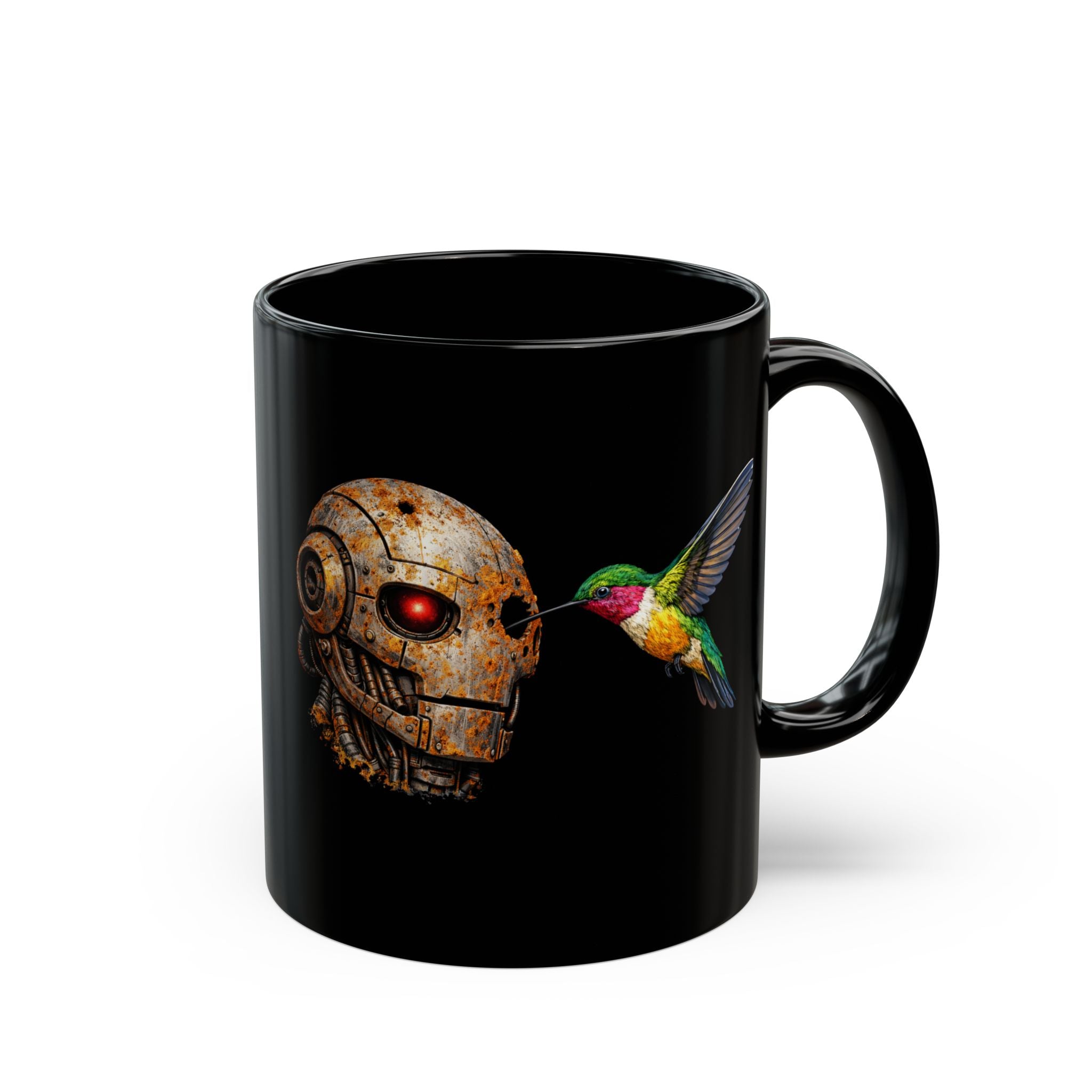 Steampunk Robot skull and hummingbird | Black Ceramic Coffee Cup