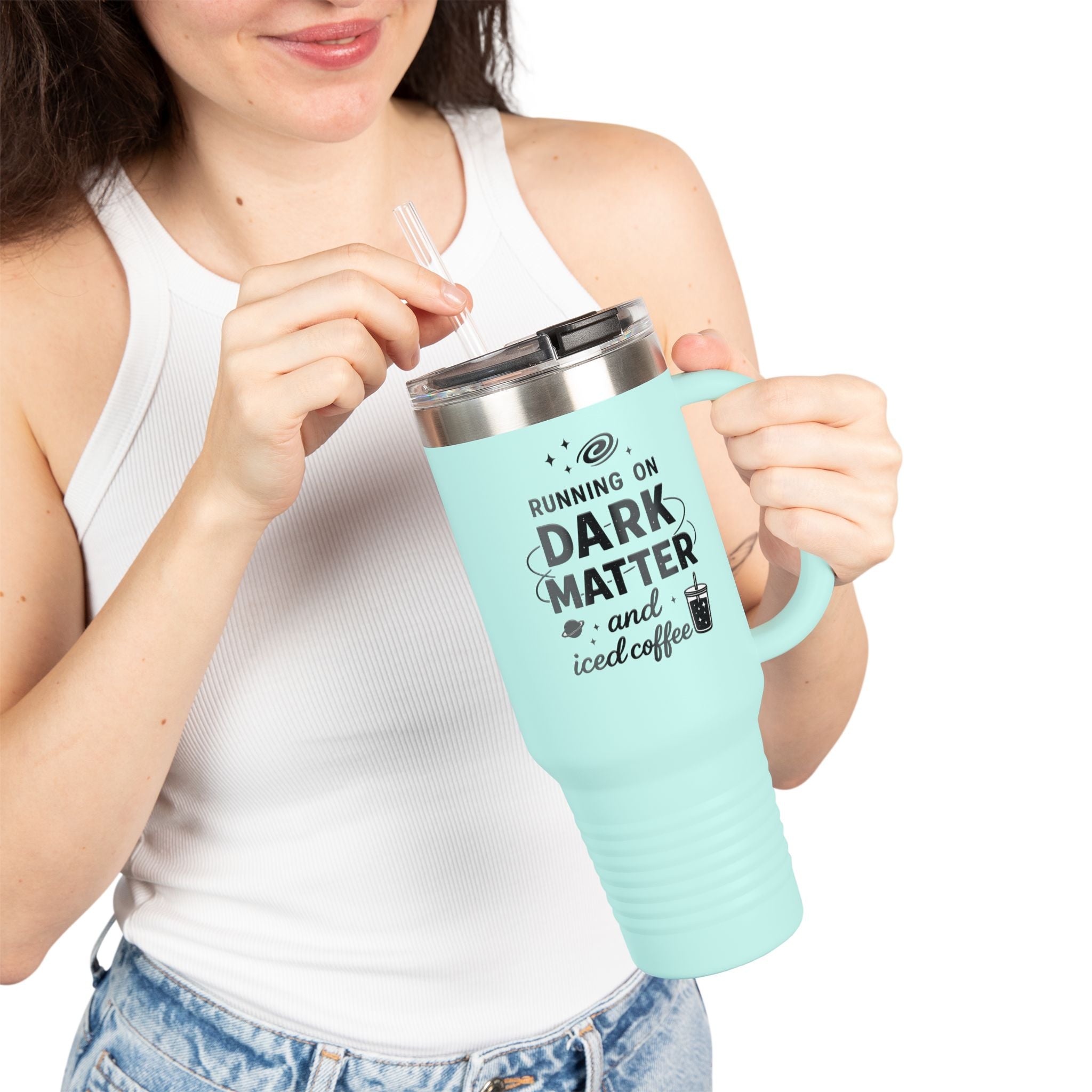 Running on Dark Matter and Iced Coffee 40oz Travel Mug, gift for science lovers