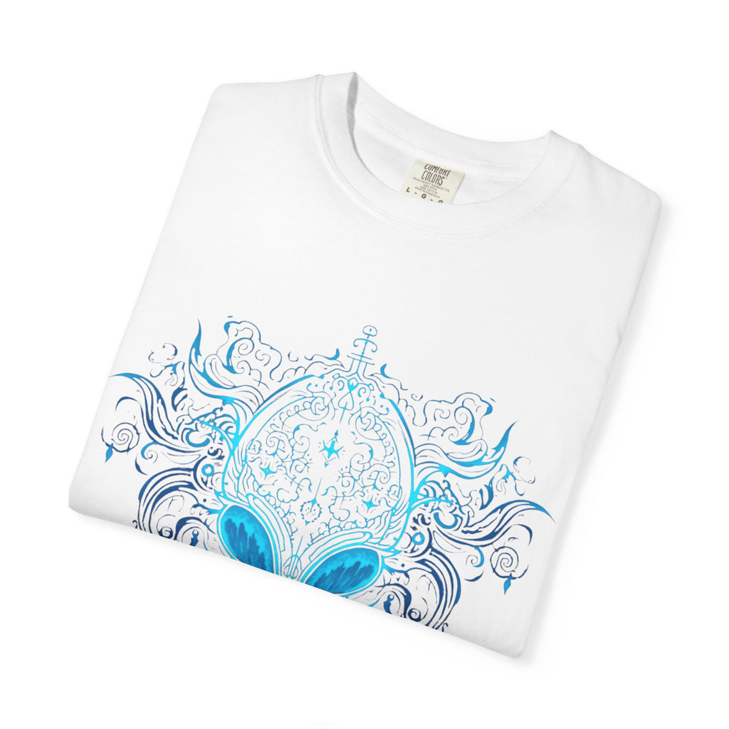 Alien Mask Ornate chinoiserie Blue T-Shirt | Mystical Alien Face Tee