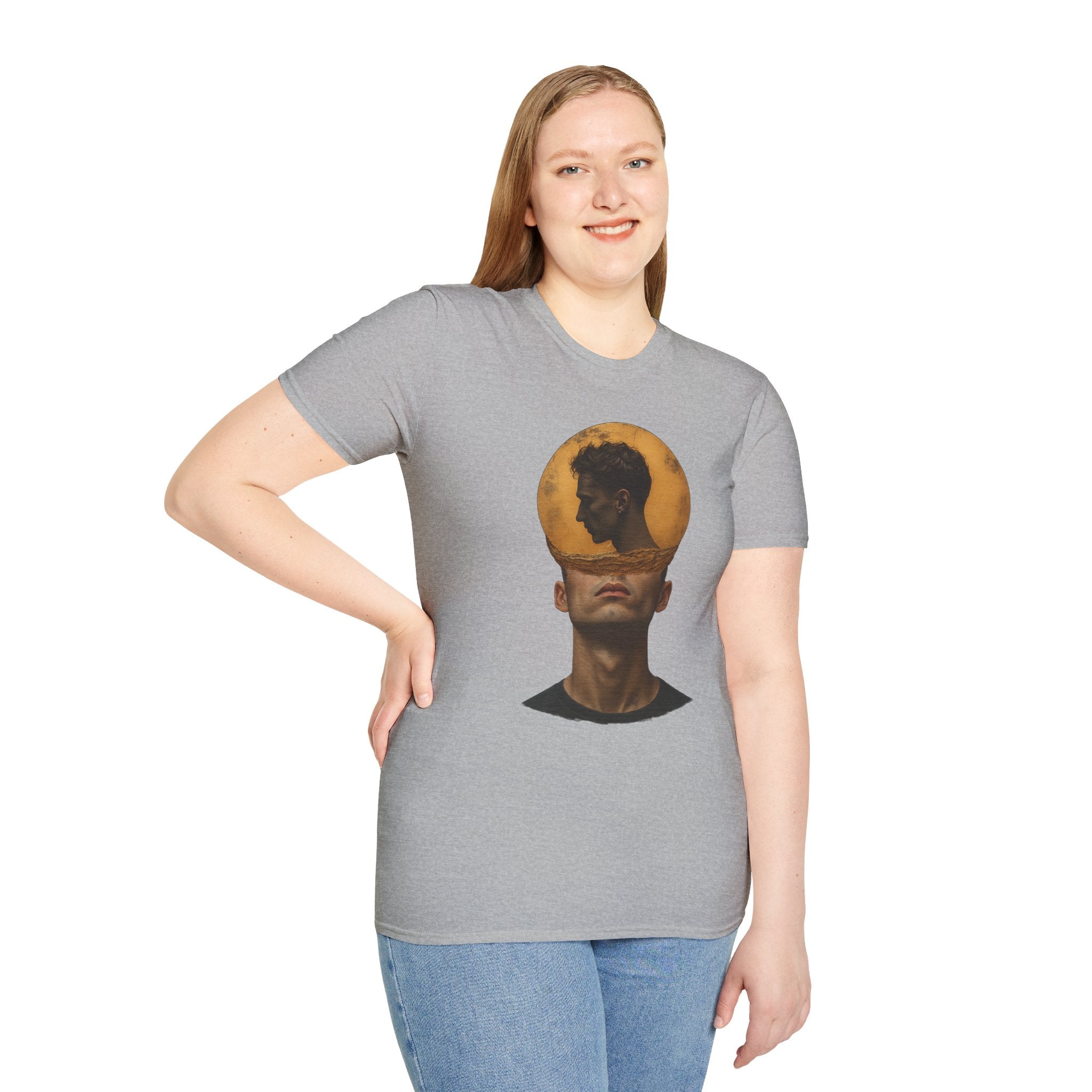 Surreal Double Portrait T-Shirt | Abstract Head Silhouette, Moon Circle