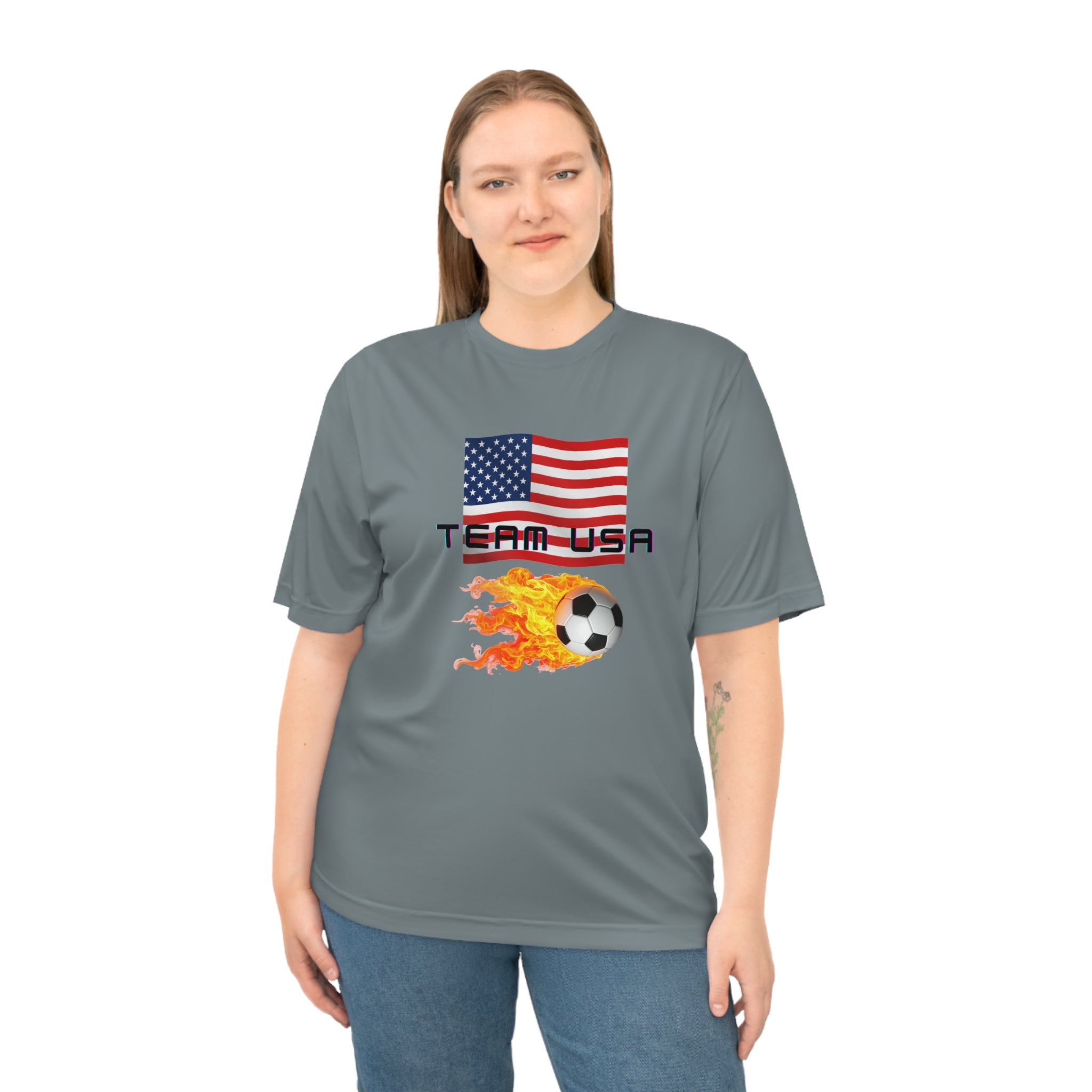 Team USA Flaming Soccer Ball T-Shirt | American Flag Soccer Tee SPF protection