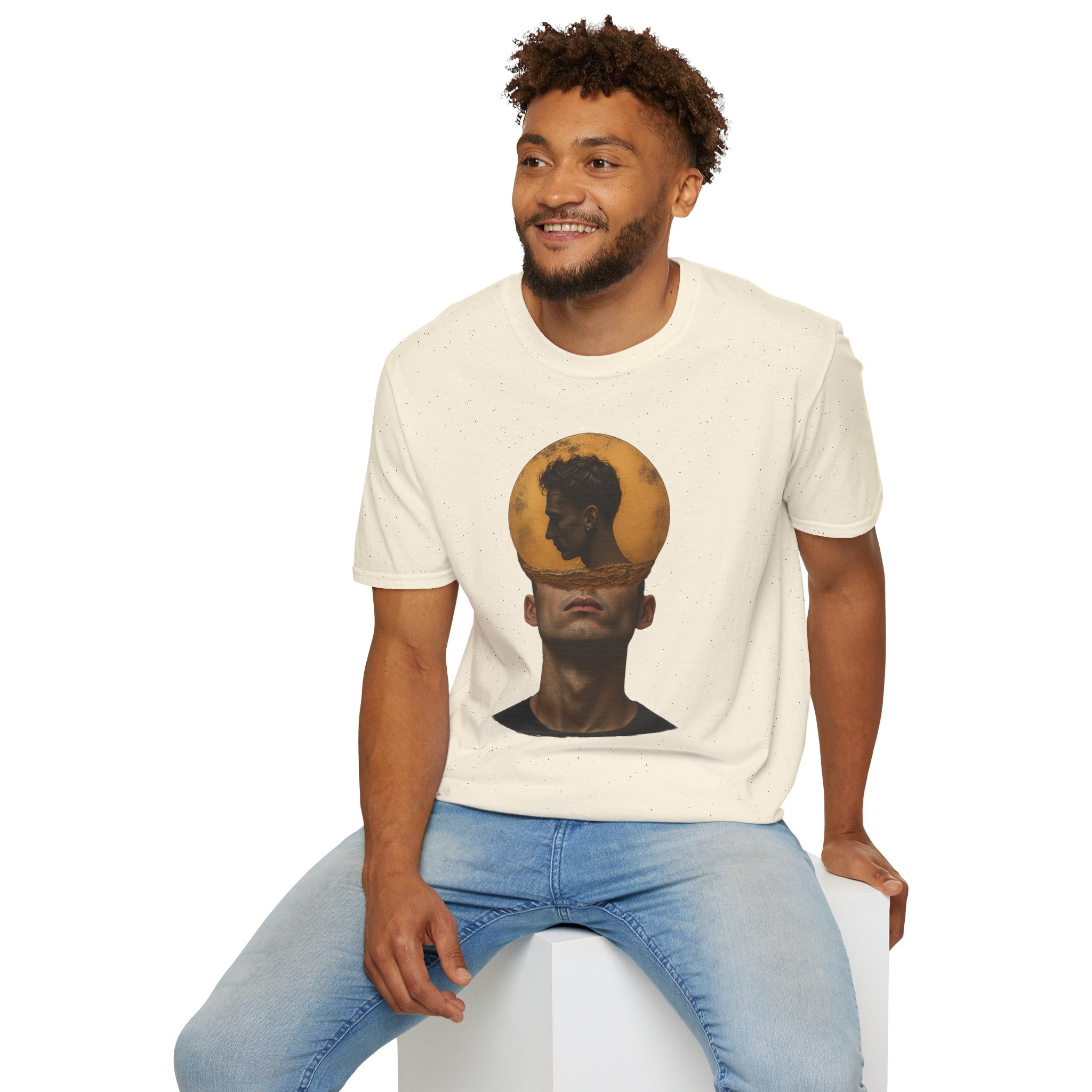 Surreal Double Portrait T-Shirt | Abstract Head Silhouette, Moon Circle