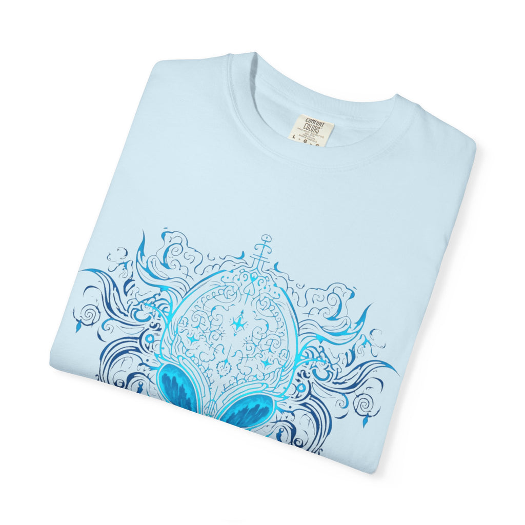 Alien Mask Ornate chinoiserie Blue T-Shirt | Mystical Alien Face Tee