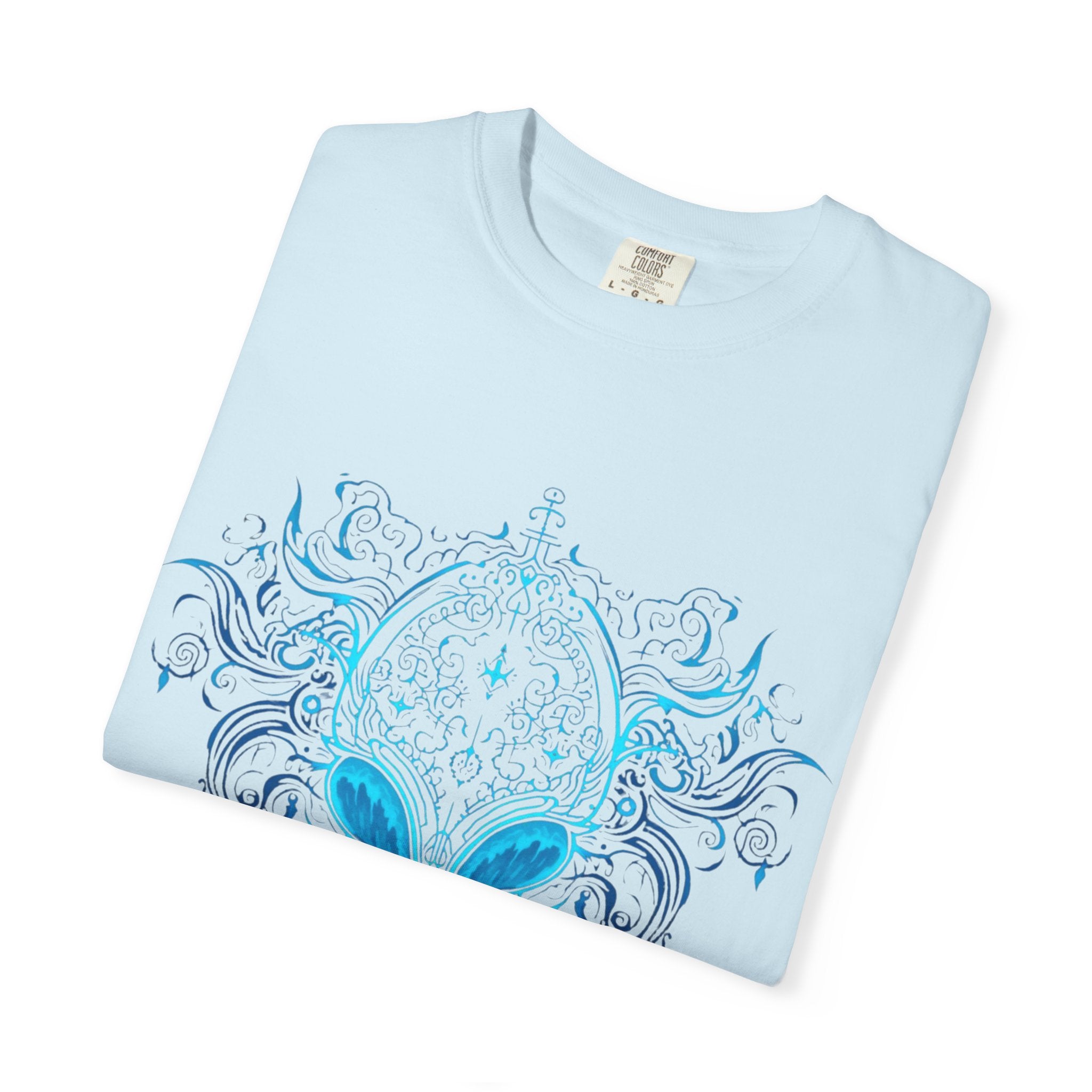 Alien Mask Ornate chinoiserie Blue T-Shirt | Mystical Alien Face Tee