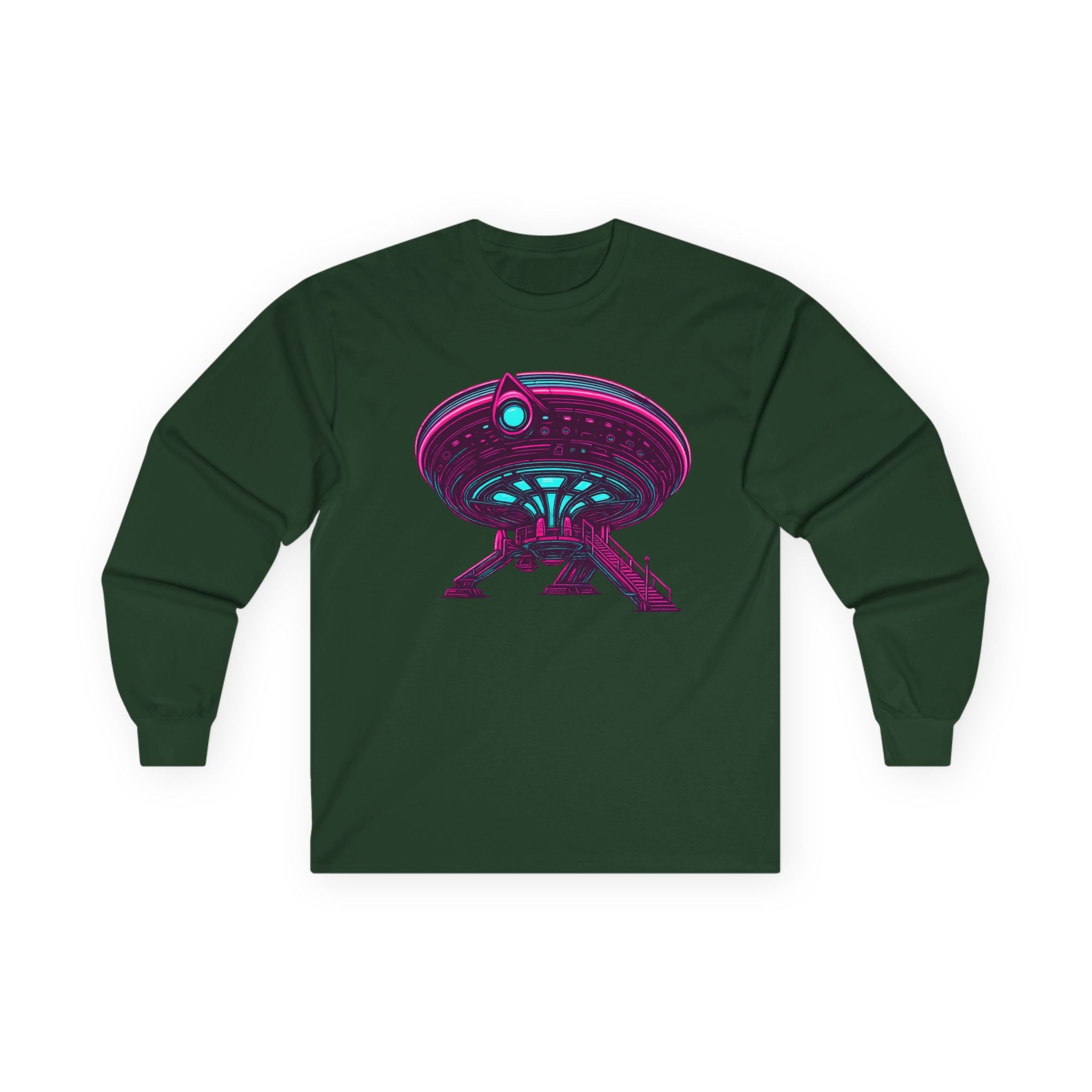 Retro Neon UFO Illustration Long Sleeve Tee | Alien Spaceship Graphic