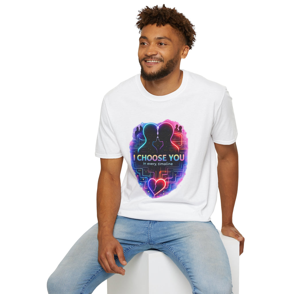 I Choose You  in Every Timeline silhouette heart T-Shirt | Neon LBGTQ couple, love phrase