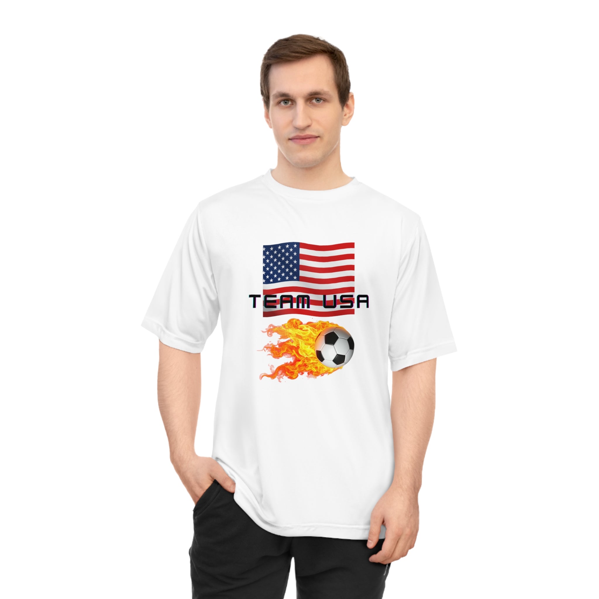 Team USA Flaming Soccer Ball T-Shirt | American Flag Soccer Tee SPF protection