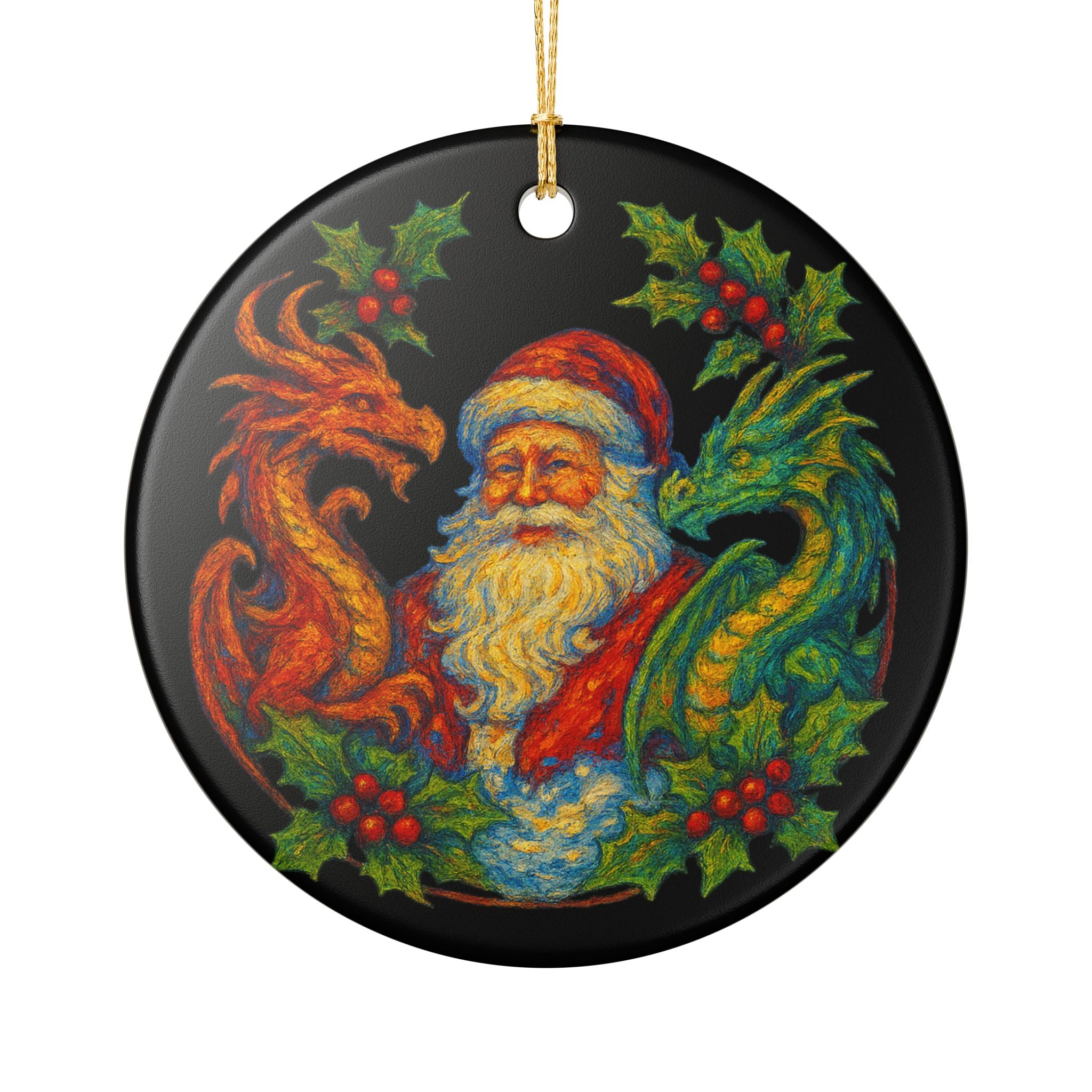 Santa with Red and Green Dragons Ceramic Ornament | Christmas Tree Decoration
